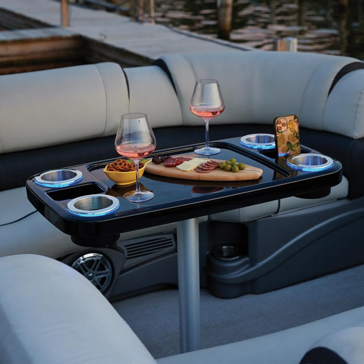Manufacturers' Select ITC Lit Marine Boat Table Leg Set. Pontoon Accessories, Marine Pedestal Table. Large Top with Blue Led Lit Drink Holder