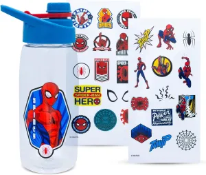 Marvel Comics Spider-Man Hinged Handle Plastic Sports Water Bottle Jug and Sticker Set | Holds 20 Ounces