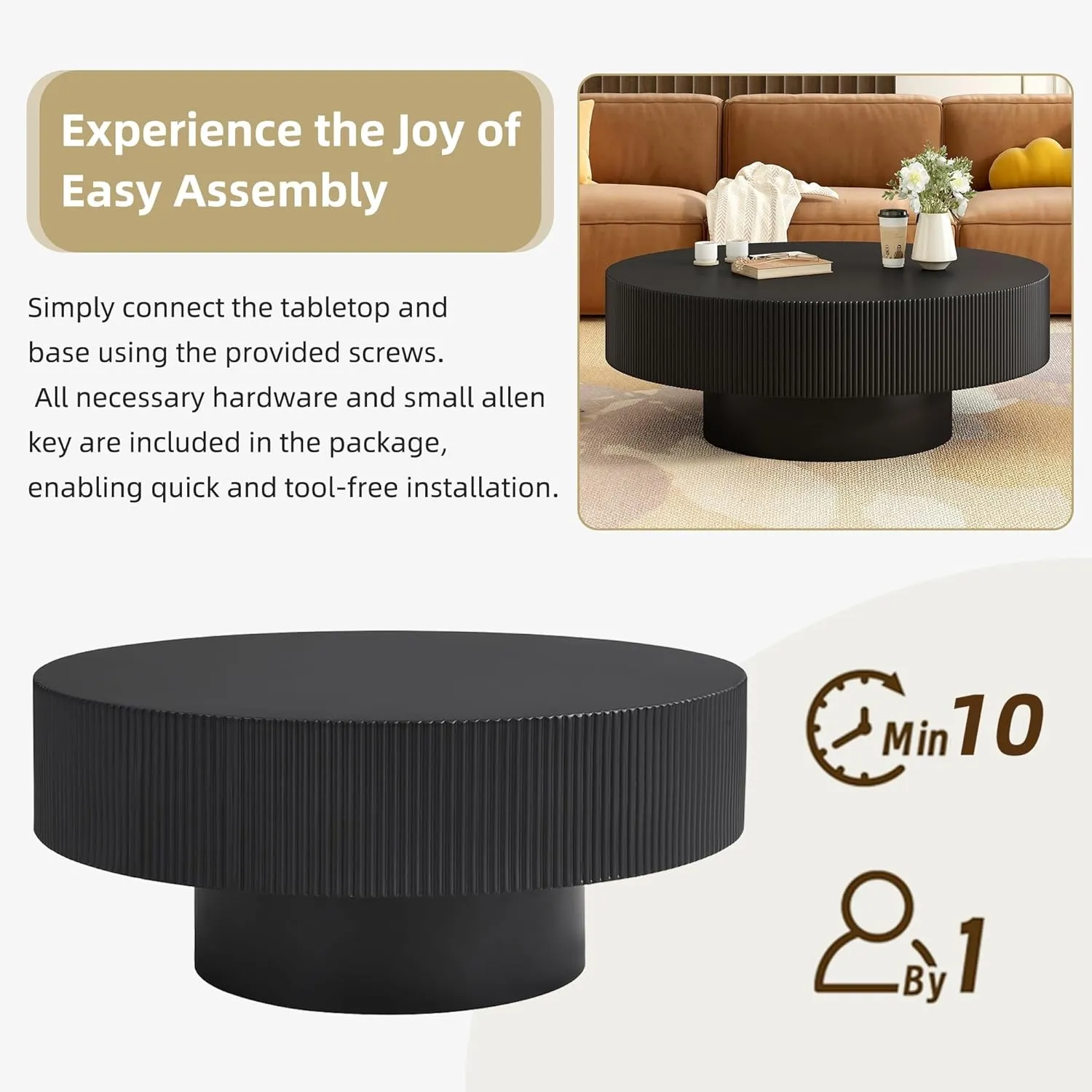 Merax Modern Round Coffee Table with Sturdy Base, Wood Center Tables for Living Room Reception Room, Easy Assemble, Black