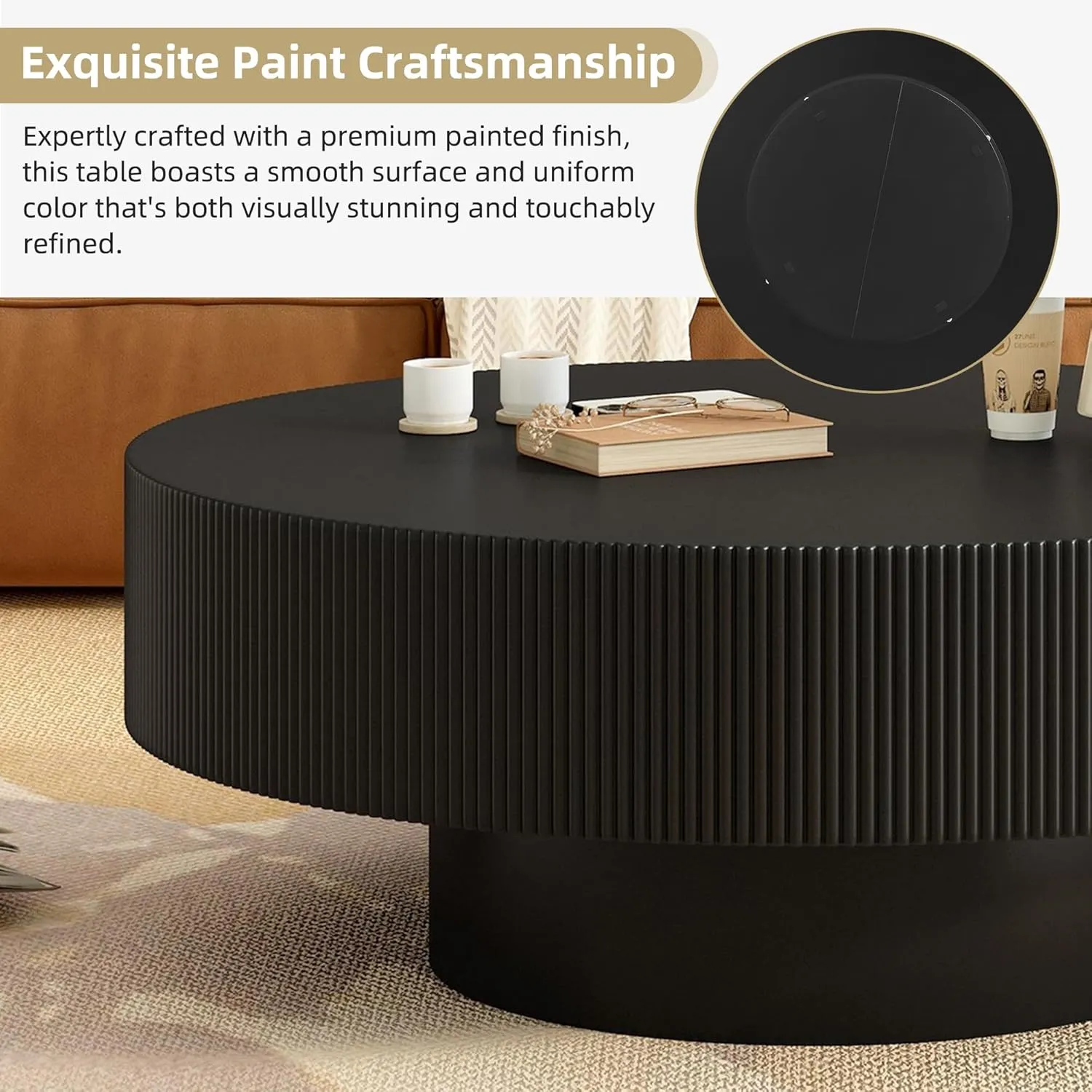 Merax Modern Round Coffee Table with Sturdy Base, Wood Center Tables for Living Room Reception Room, Easy Assemble, Black