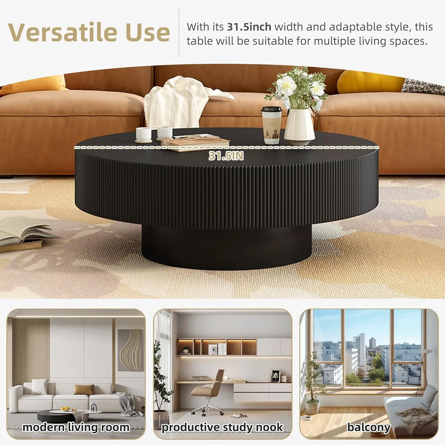 Merax Modern Round Coffee Table with Sturdy Base, Wood Center Tables for Living Room Reception Room, Easy Assemble, Black