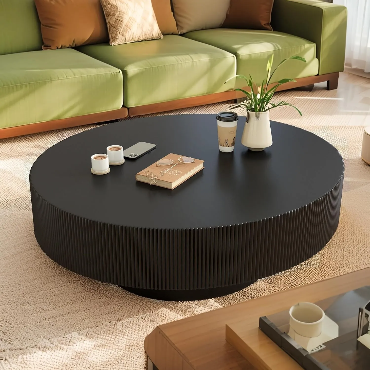 Merax Modern Round Coffee Table with Sturdy Base, Wood Center Tables for Living Room Reception Room, Easy Assemble, Black