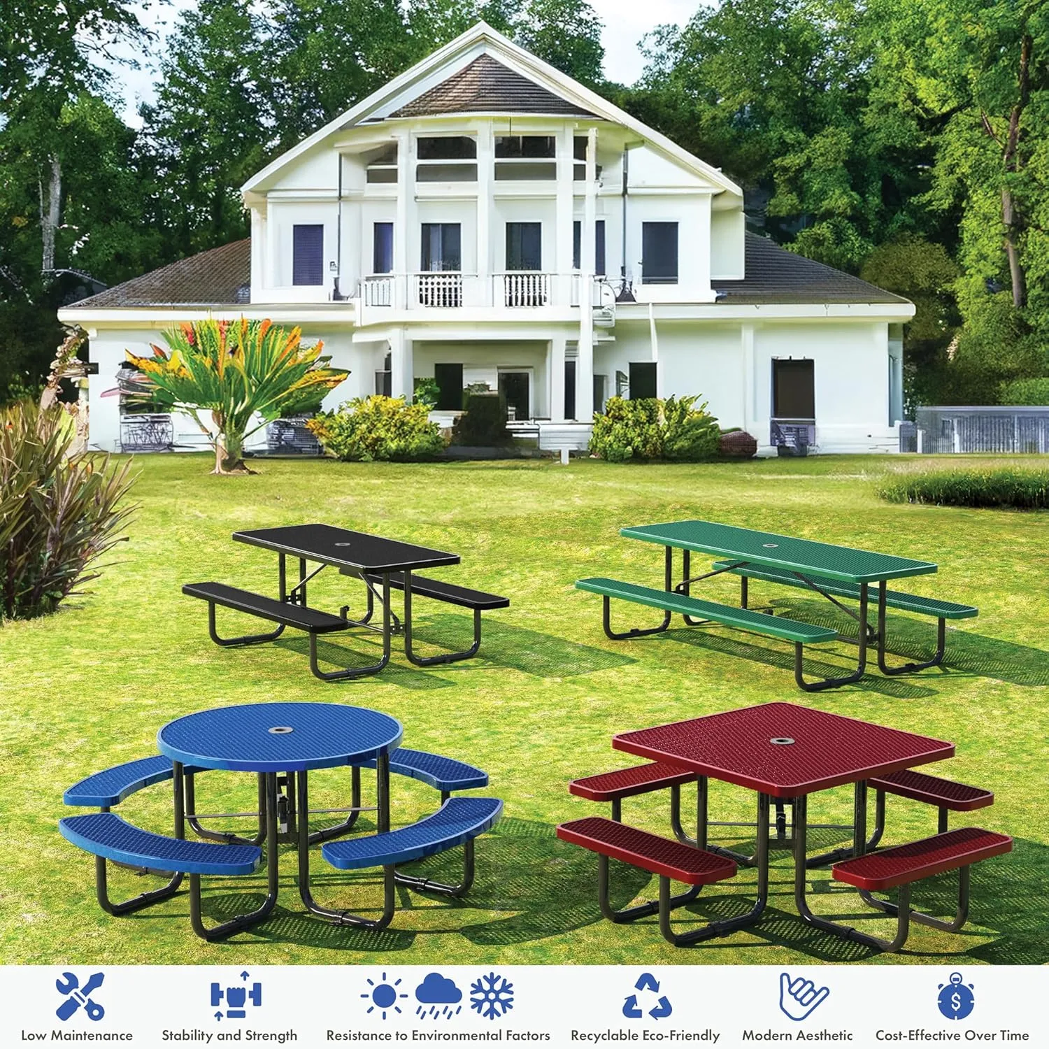 Metal Picnic Tables for Outdoors with Umbrella Hole - Coated Steel Heavy Duty Commercial Grade Table with Adjustable Seats, Patio Furniture Set for a Lifetime (8' Rectangular, Blue)