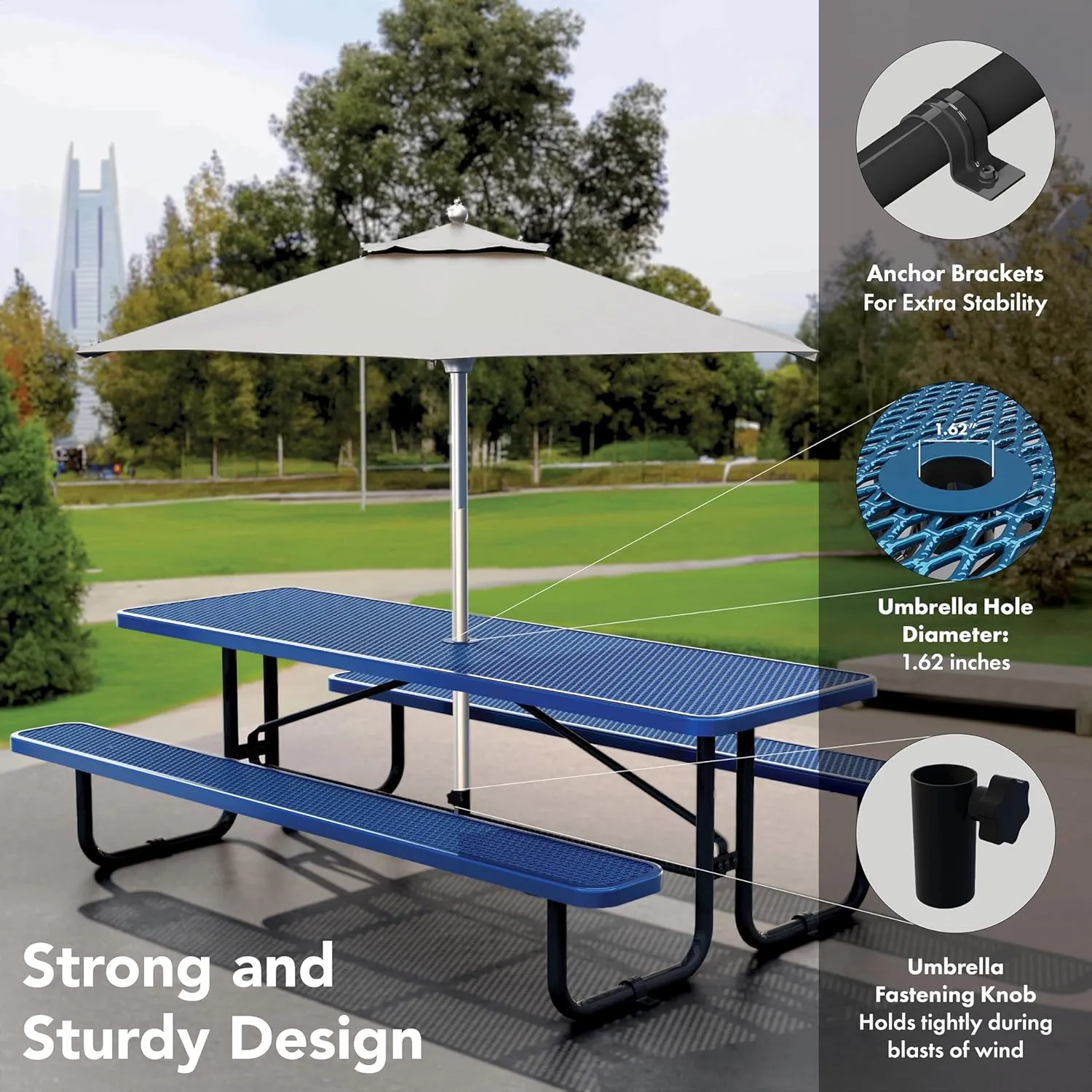 Metal Picnic Tables for Outdoors with Umbrella Hole - Coated Steel Heavy Duty Commercial Grade Table with Adjustable Seats, Patio Furniture Set for a Lifetime (8' Rectangular, Blue)