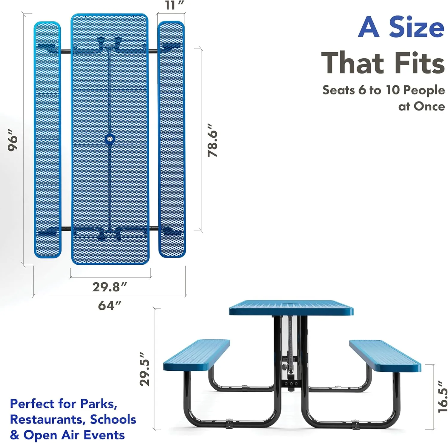 Metal Picnic Tables for Outdoors with Umbrella Hole - Coated Steel Heavy Duty Commercial Grade Table with Adjustable Seats, Patio Furniture Set for a Lifetime (8' Rectangular, Blue)