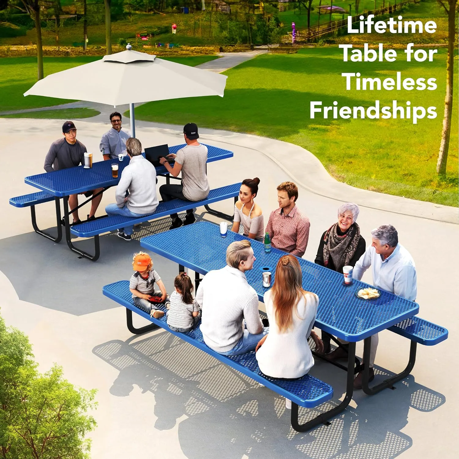Metal Picnic Tables for Outdoors with Umbrella Hole - Coated Steel Heavy Duty Commercial Grade Table with Adjustable Seats, Patio Furniture Set for a Lifetime (8' Rectangular, Blue)