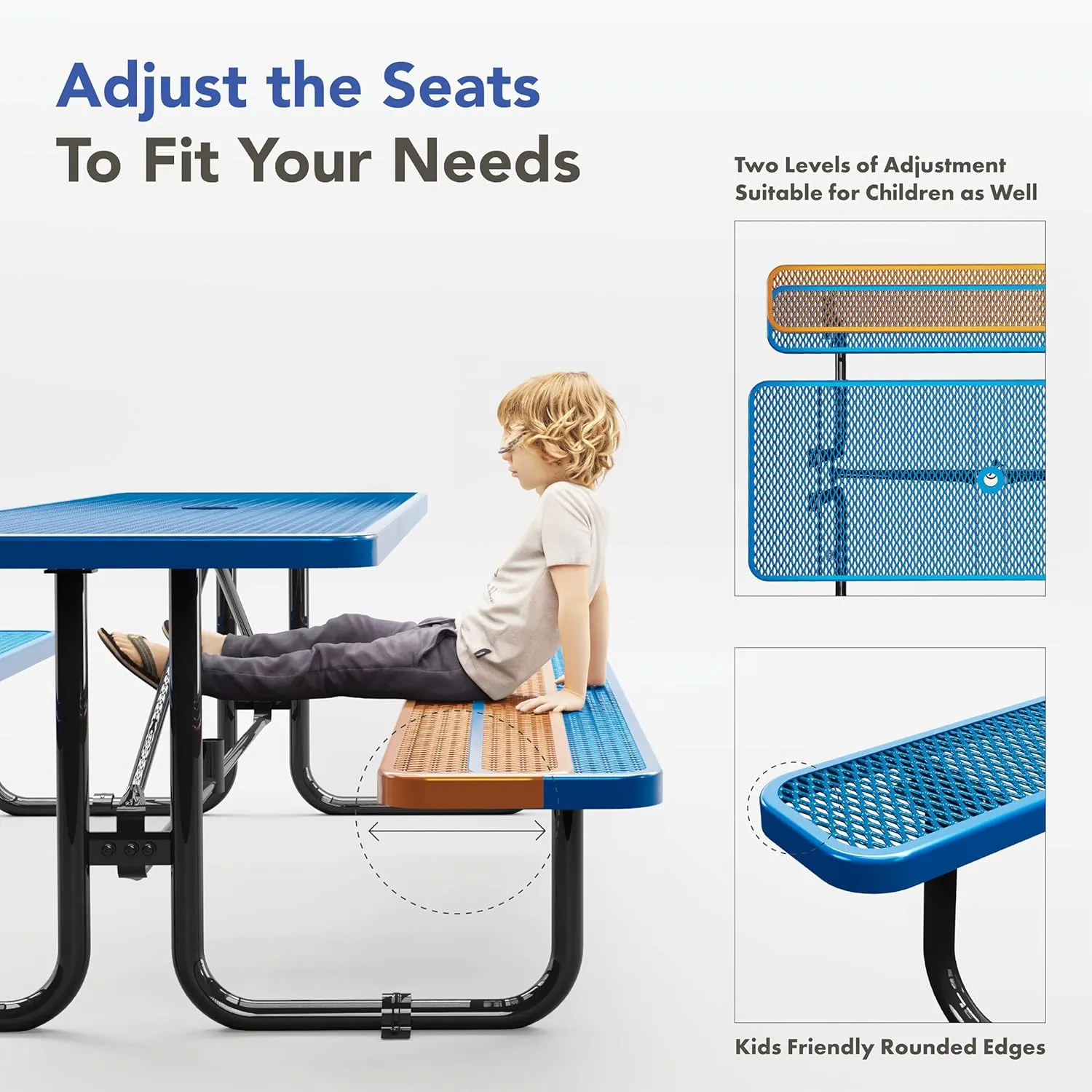 Metal Picnic Tables for Outdoors with Umbrella Hole - Coated Steel Heavy Duty Commercial Grade Table with Adjustable Seats, Patio Furniture Set for a Lifetime (8' Rectangular, Blue)