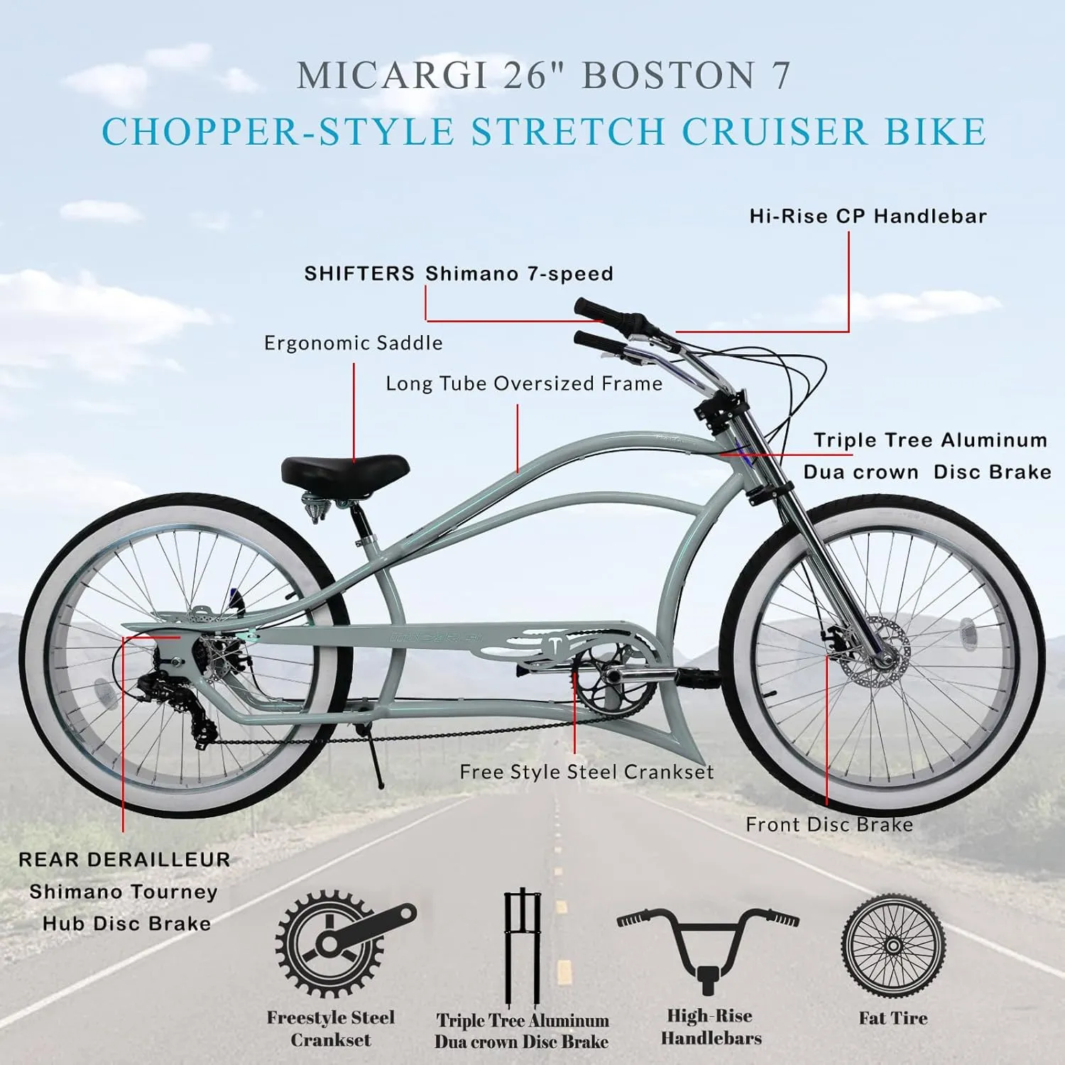 MICARGI 26" 7/GT7/3I DS Speed Bicycles Boston Chopper-Style Stretch Cruiser Bikes, Hi-Ten Steel Frame for Adult Women Men,Multiple Colors