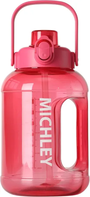 MICHLEY Half Gallon Water Bottle with Straw,Times Marker 64oz Water Bottles Motivational Water Jug Large Size Sports Drinking Cup for Travel Gym Cycling (Rose)