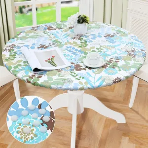 misaya Round Fitted Tablecloth with Elastic Edge, 100% Waterproof Oil Proof Plastic Table Cover, Vinyl Flannel Backed Table Cloth Fits 36"-44" Round Tables for Dinner, Outdoor, Picnic, Leaves