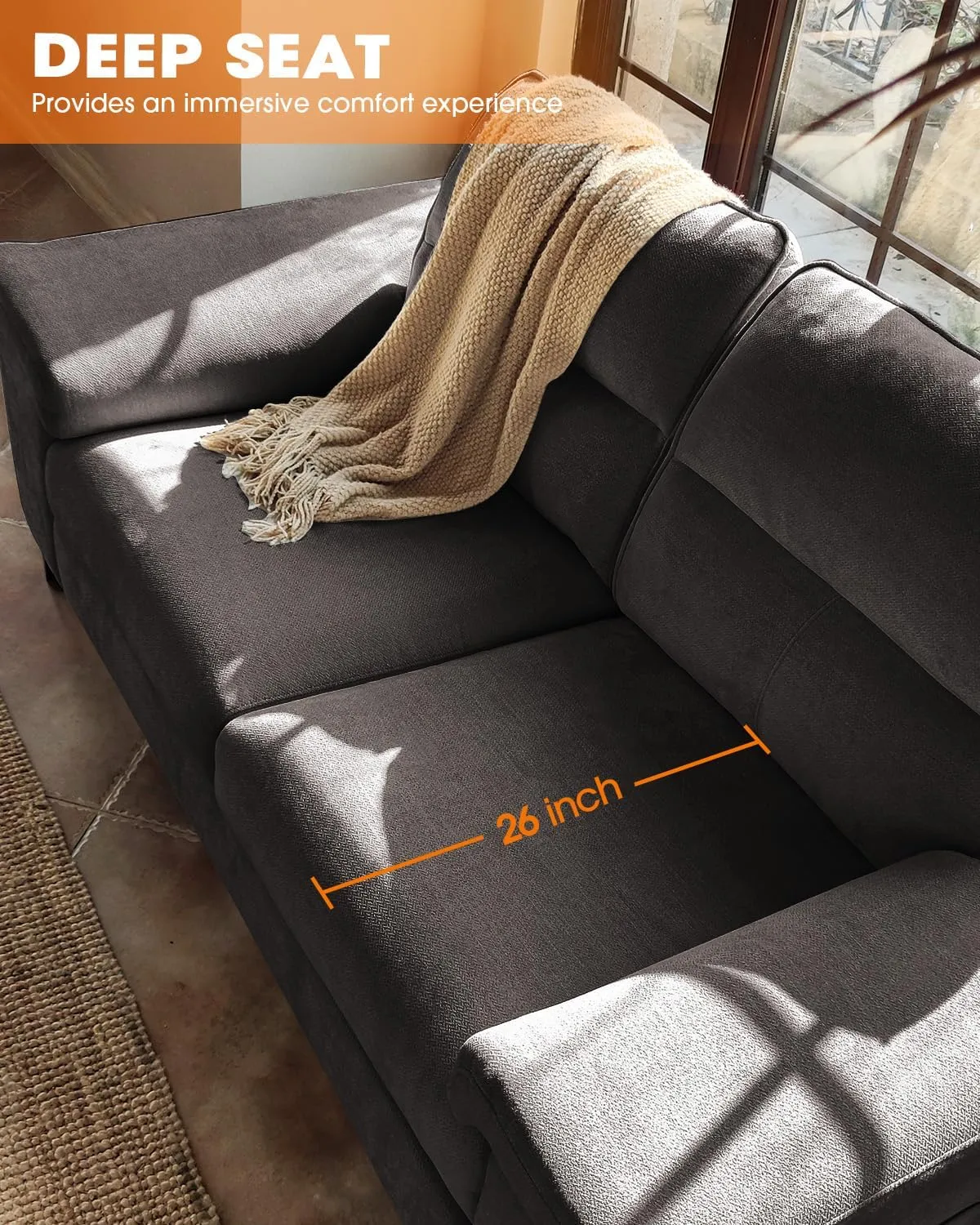 Modern 71.25" Sofa Couch for Living Room, Deep Seat Sleeper with 8" Cushion, Comfy 2-Seater Chenille Loveseat with Convertible Armrest, Removable Cover, High Leg (Dark Gray)