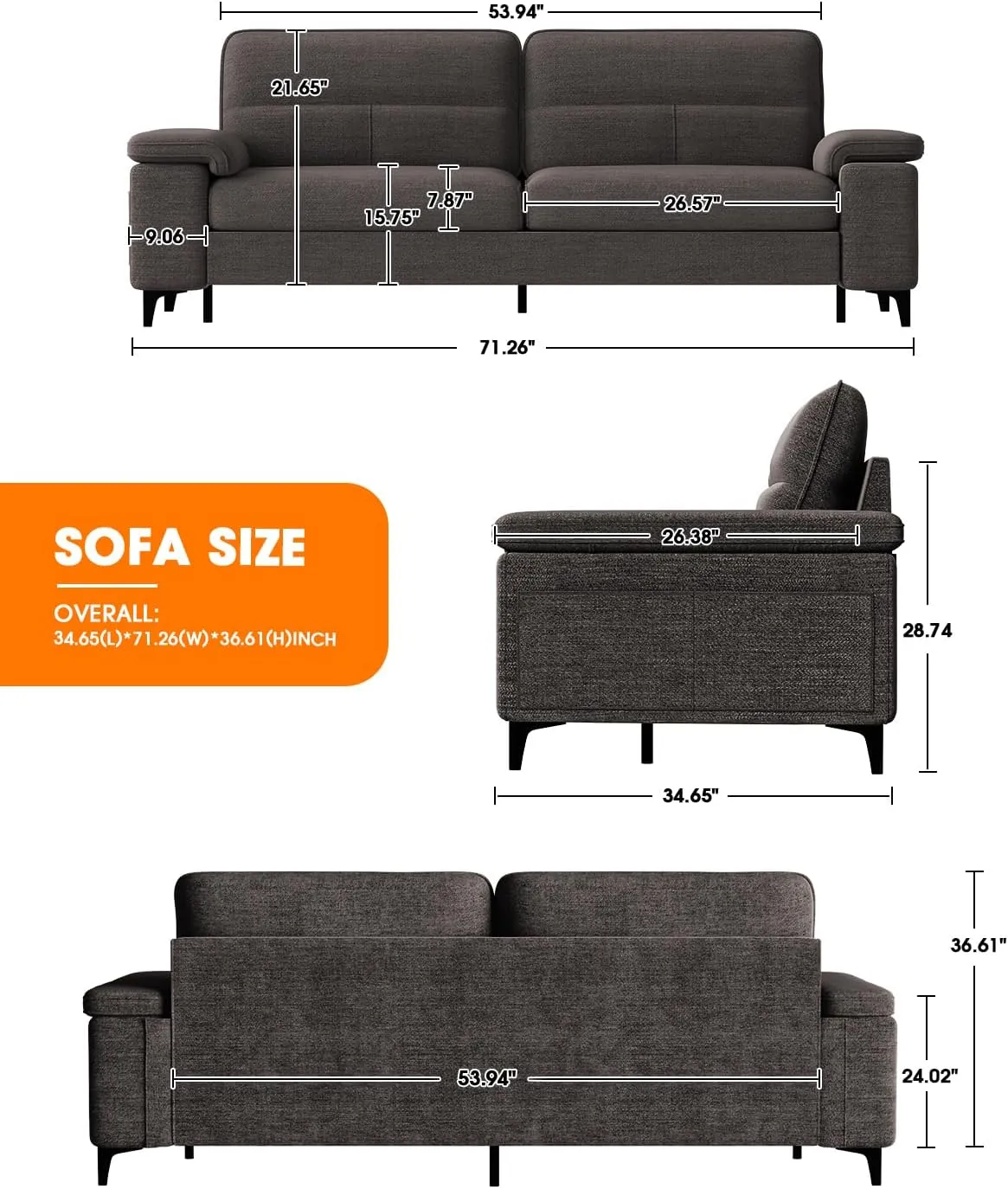 Modern 71.25" Sofa Couch for Living Room, Deep Seat Sleeper with 8" Cushion, Comfy 2-Seater Chenille Loveseat with Convertible Armrest, Removable Cover, High Leg (Dark Gray)