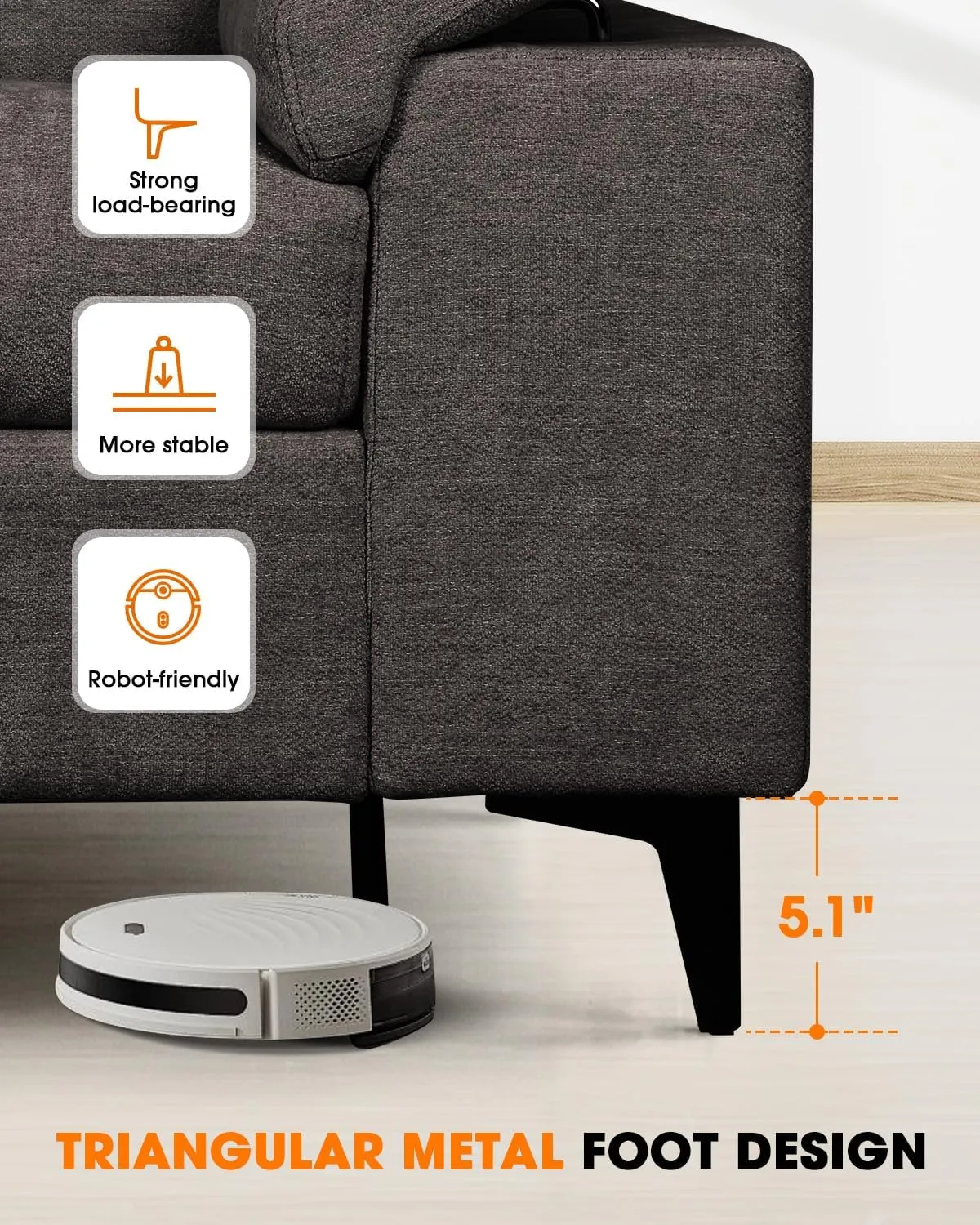 Modern 71.25" Sofa Couch for Living Room, Deep Seat Sleeper with 8" Cushion, Comfy 2-Seater Chenille Loveseat with Convertible Armrest, Removable Cover, High Leg (Dark Gray)