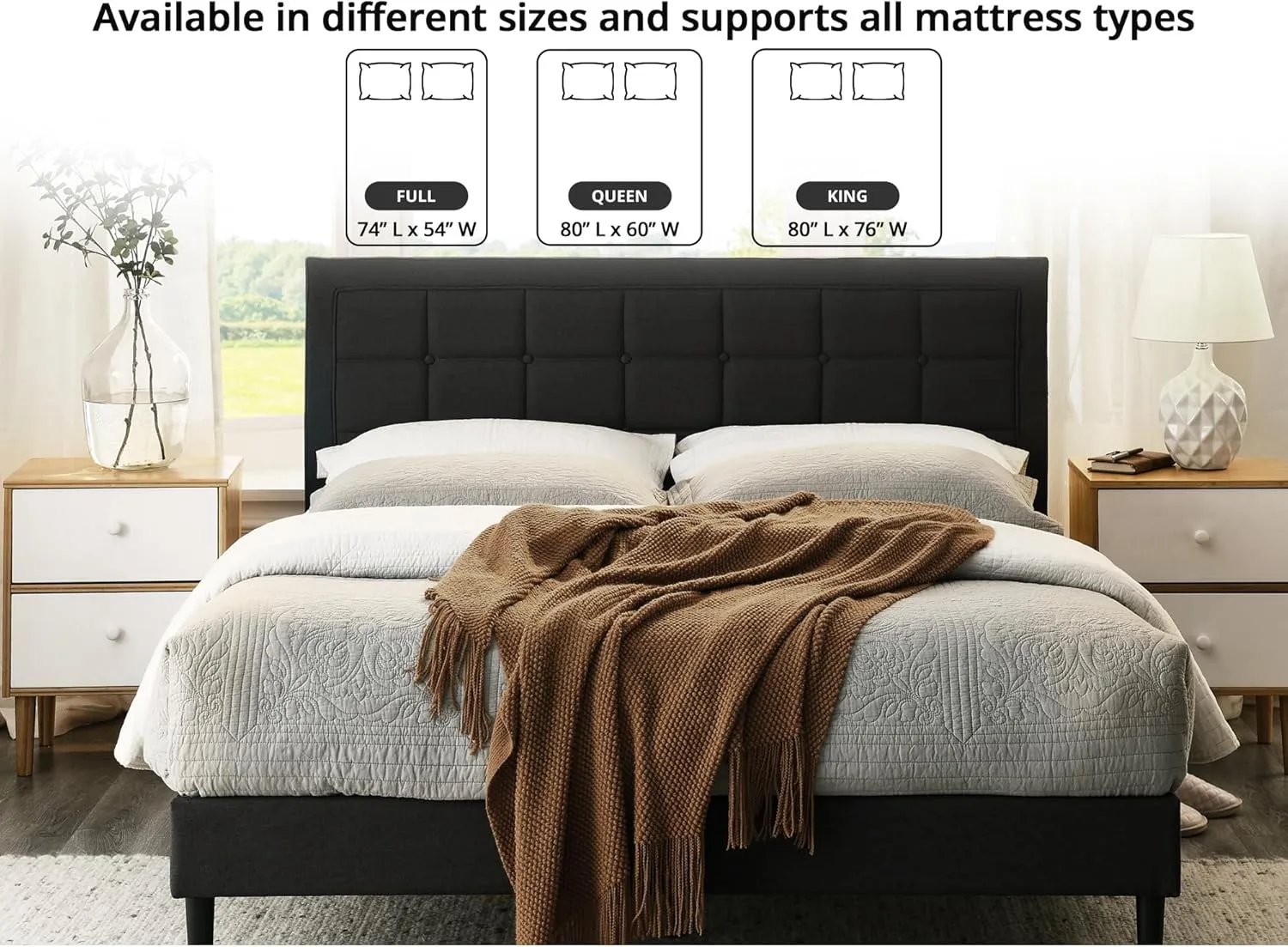 Mornington Upholstered 2.0 Platform Full Size Bed Frame and Headboard, King, Dark Grey