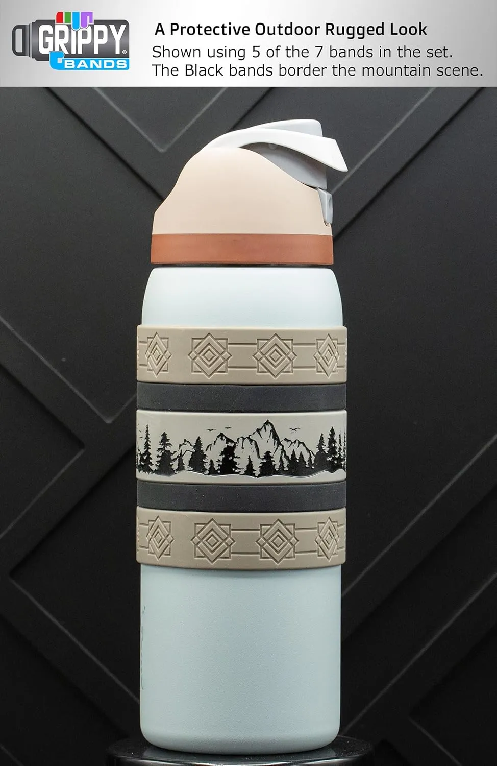 Mountain Scene Water Bottle Grip Kit - SIERRA WRAP: Large - 7 Rugged Silicone Bands for Superior Grip, Style, & Protection.