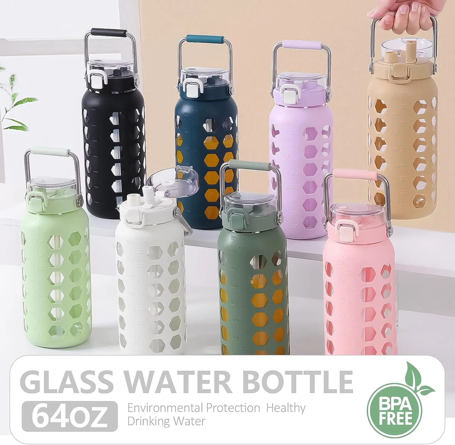 MUKOKO 64oz Glass Water Bottles with Straw and Lid,Half Gallon Water Bottle with Time Marker,Large Glass Water Jug with Silicone Sleeve and Stainless Steel Handle-Pink
