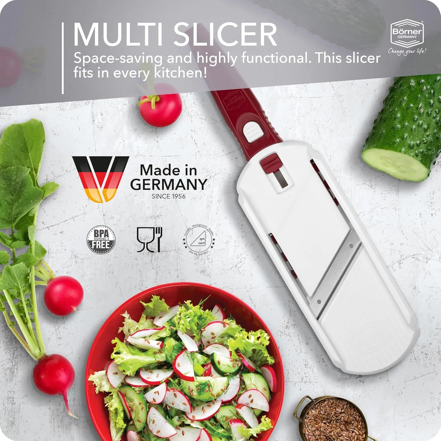 Multi Slicer Set (Slicer   Safety Guard) • Vegetable Slicer for Fruits & Vegetables • 2 Thickness Settings • Compact Mini Kitchen Slicer • Color: White with Red Handle