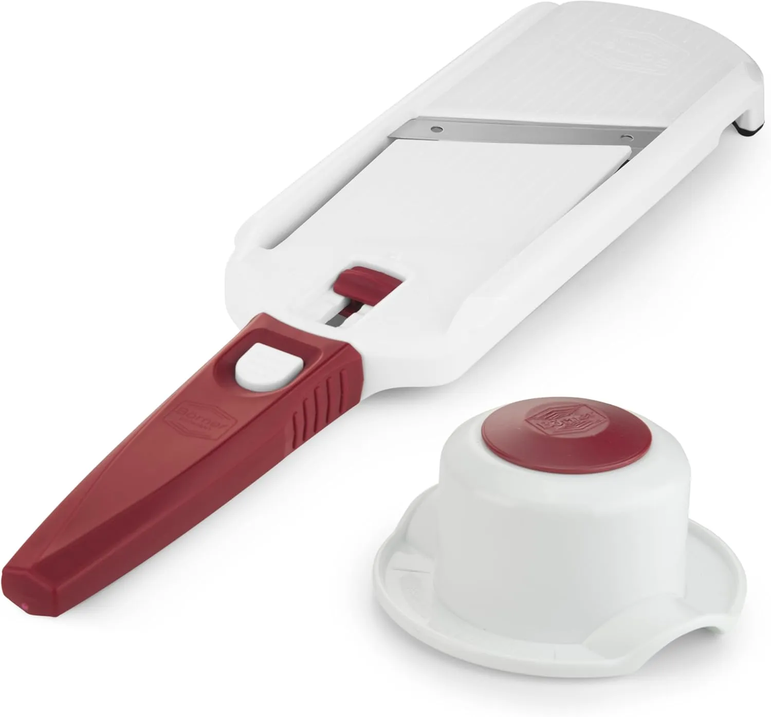 Multi Slicer Set (Slicer   Safety Guard) • Vegetable Slicer for Fruits & Vegetables • 2 Thickness Settings • Compact Mini Kitchen Slicer • Color: White with Red Handle