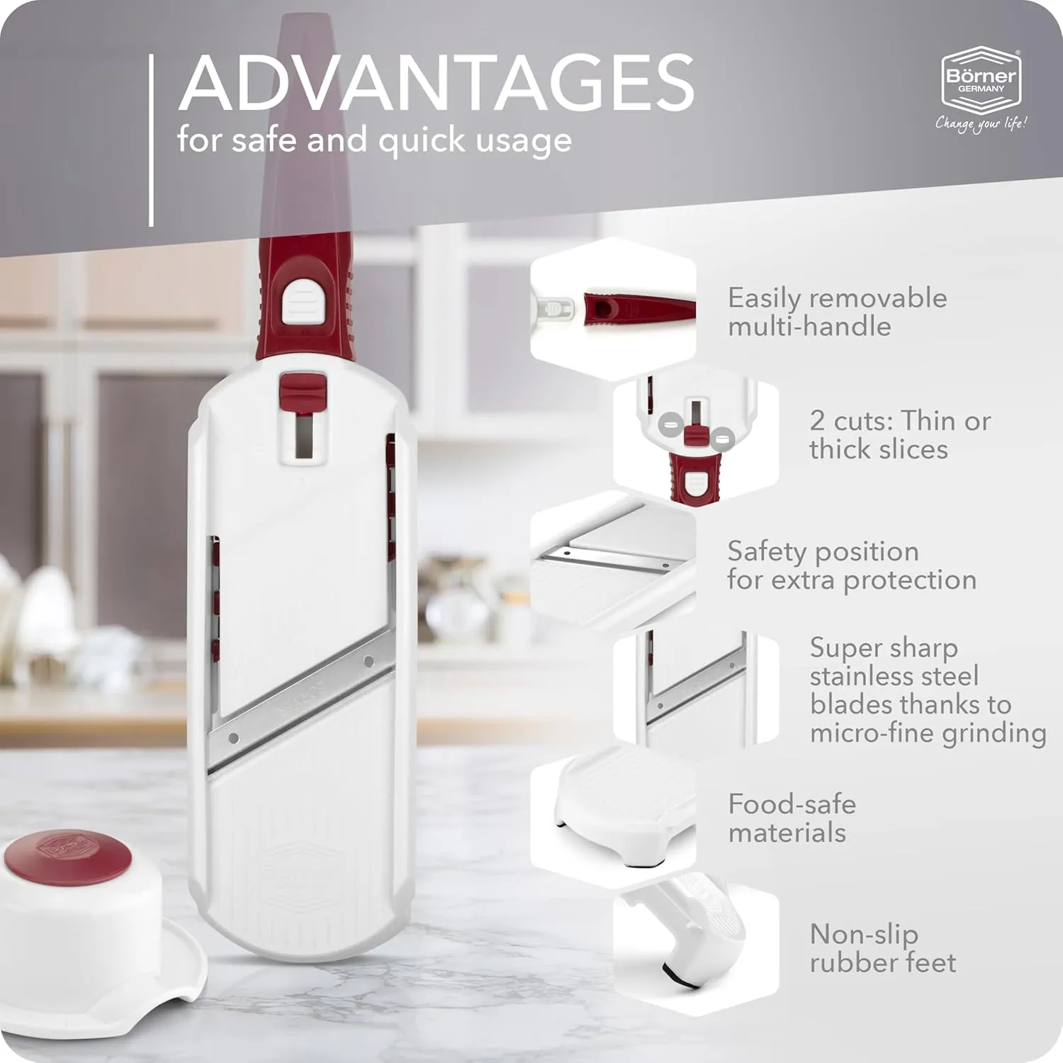 Multi Slicer Set (Slicer   Safety Guard) • Vegetable Slicer for Fruits & Vegetables • 2 Thickness Settings • Compact Mini Kitchen Slicer • Color: White with Red Handle