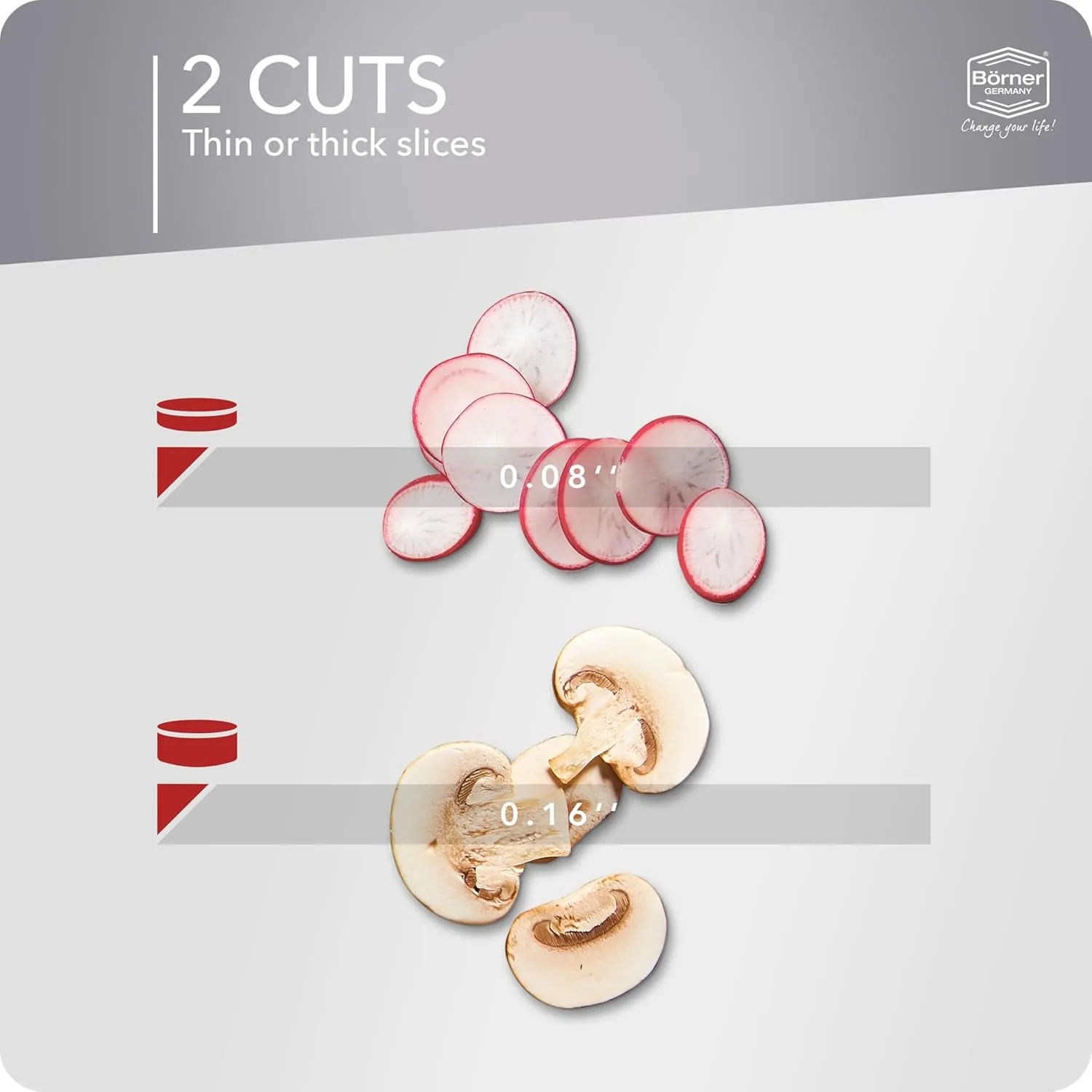 Multi Slicer Set (Slicer   Safety Guard) • Vegetable Slicer for Fruits & Vegetables • 2 Thickness Settings • Compact Mini Kitchen Slicer • Color: White with Red Handle
