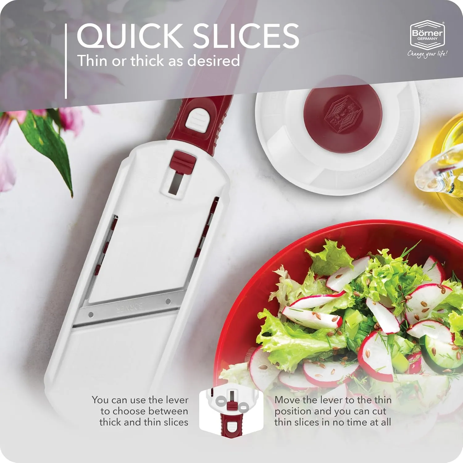 Multi Slicer Set (Slicer   Safety Guard) • Vegetable Slicer for Fruits & Vegetables • 2 Thickness Settings • Compact Mini Kitchen Slicer • Color: White with Red Handle