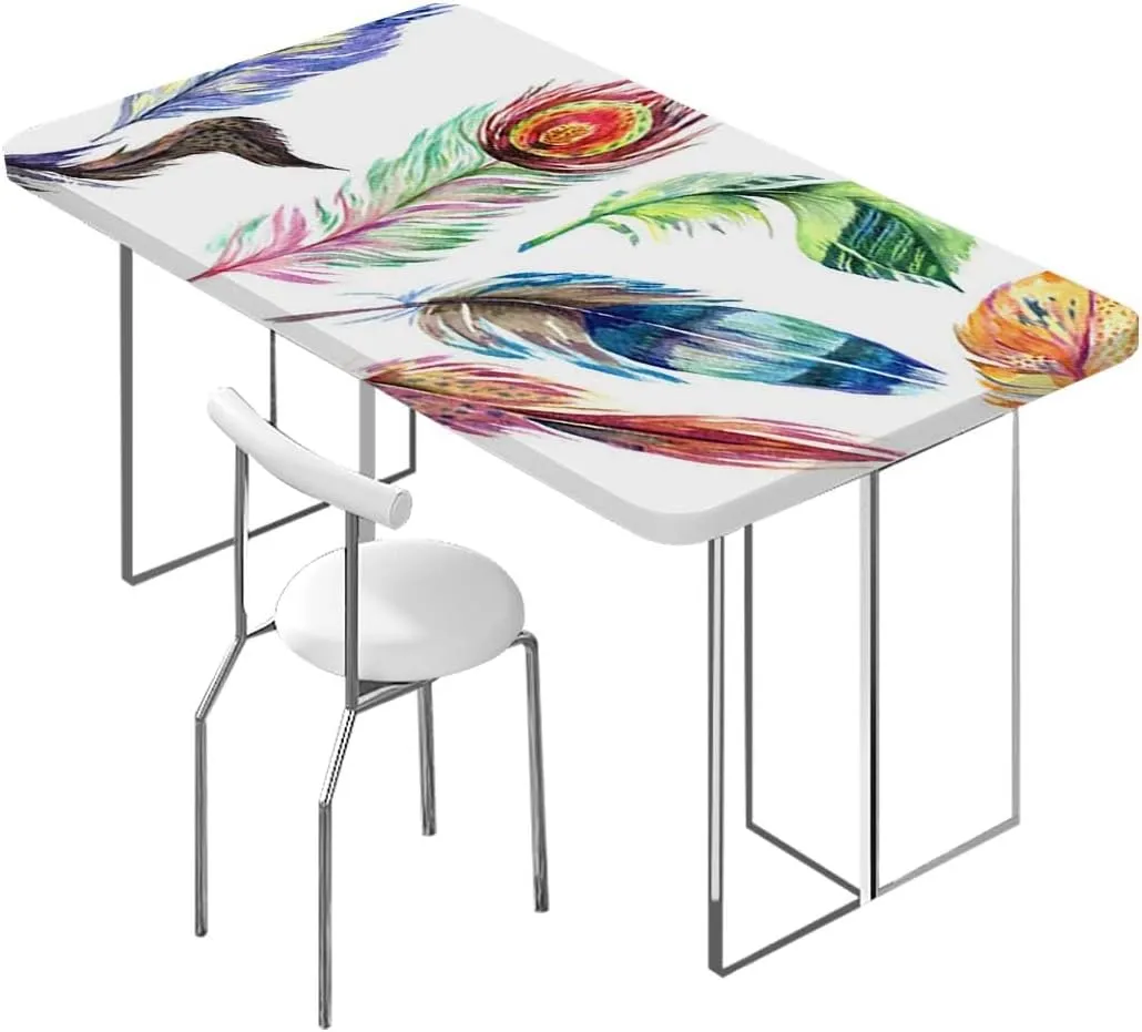 Multicolor Elastic Edge Fitted Tablecloth, Watercolor Feathers Birds Animals Rectangular Fitted Picnic Folding Table Cover Outdoor tablecloths Colorful Fits up 4 Foot Tables