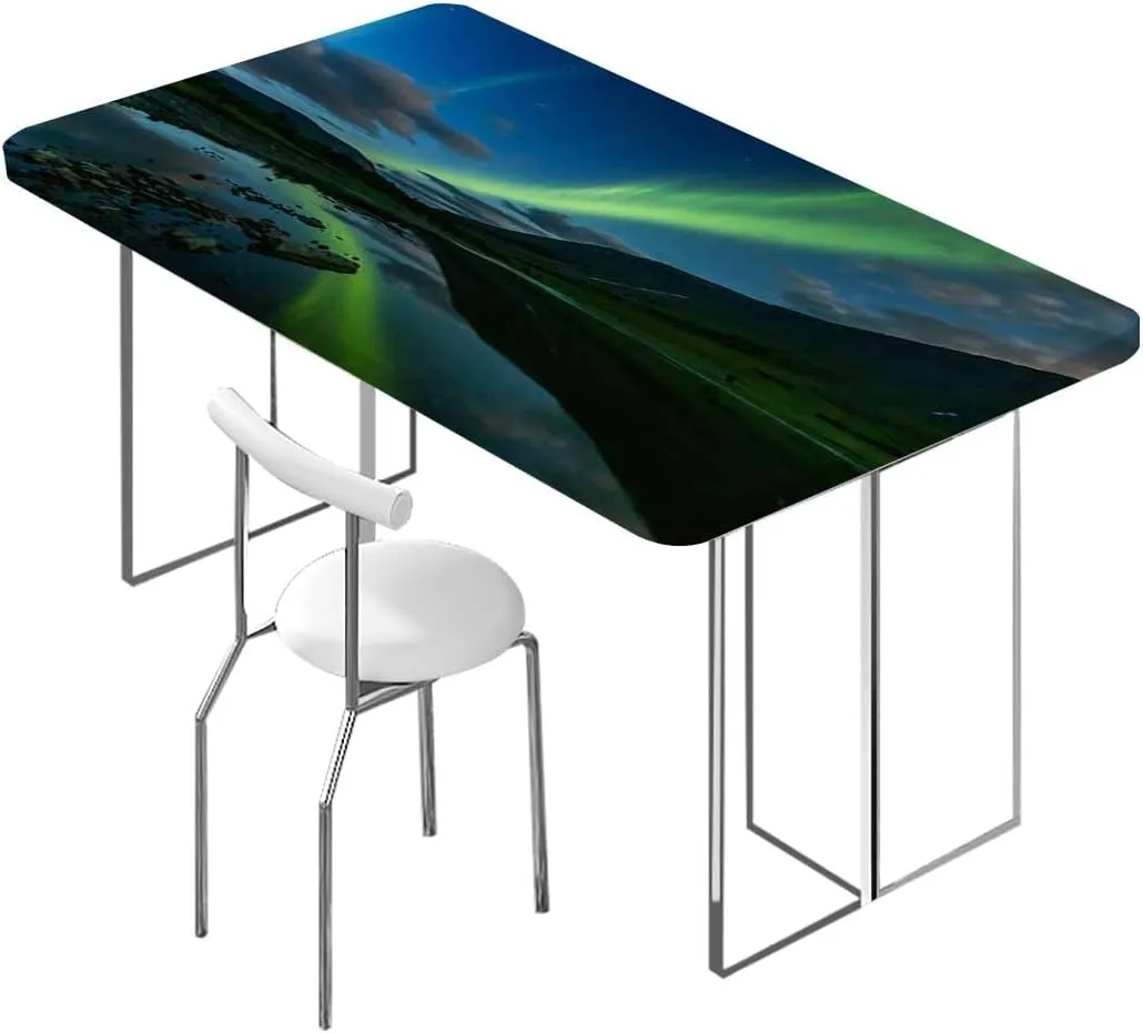 Multicolor Elastic Edged Table Covers Waterfall Mountains Iceland Night Fitted Rectangular Table Cloth with Elastic Rim Aurora Borealis Fits up 4 Foot Tables