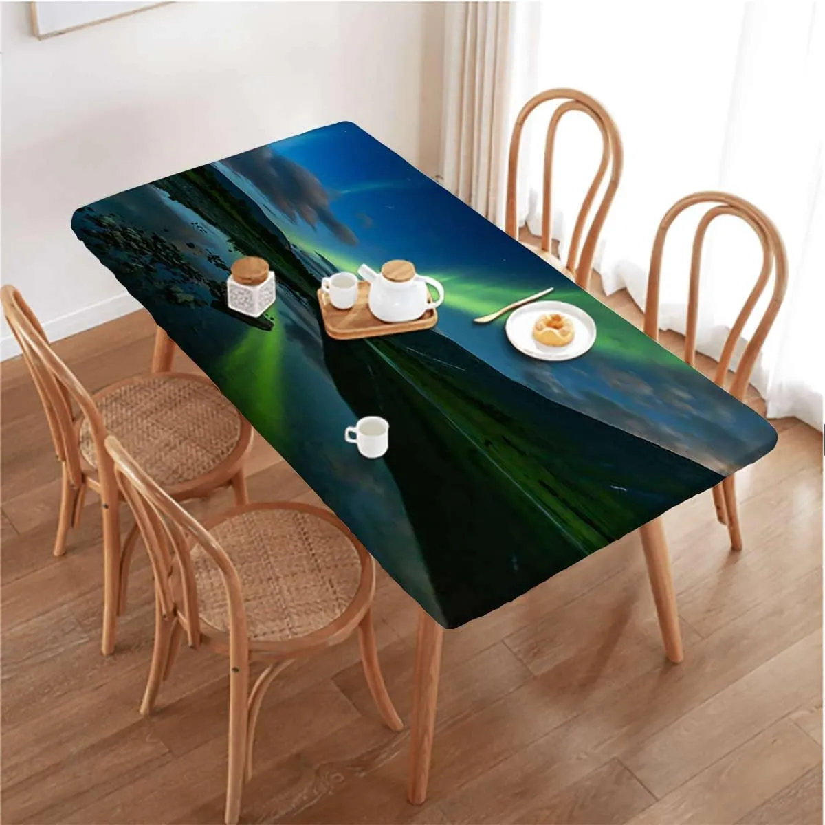 Multicolor Elastic Edged Table Covers Waterfall Mountains Iceland Night Fitted Rectangular Table Cloth with Elastic Rim Aurora Borealis Fits up 4 Foot Tables