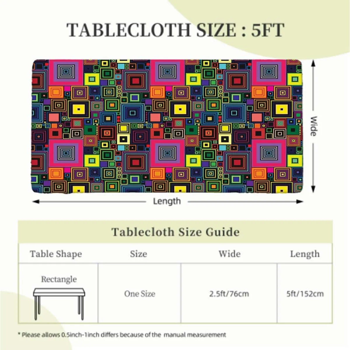 Multicolor Elastic Tablecloth Colorful Square Shaped Geometric Rectangle Table Cover for Outdoor Picnic Camping Parties Abstract Fits up 5 Foot Tables