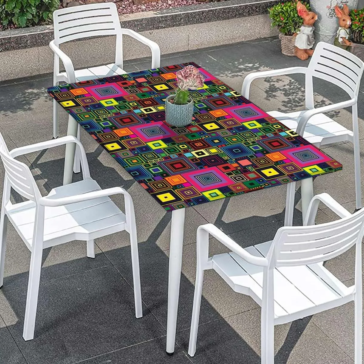 Multicolor Elastic Tablecloth Colorful Square Shaped Geometric Rectangle Table Cover for Outdoor Picnic Camping Parties Abstract Fits up 5 Foot Tables