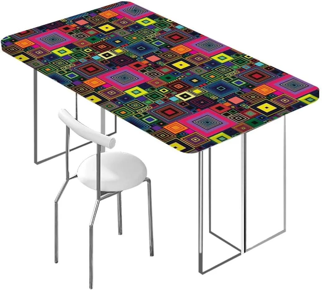 Multicolor Elastic Tablecloth Colorful Square Shaped Geometric Rectangle Table Cover for Outdoor Picnic Camping Parties Abstract Fits up 5 Foot Tables