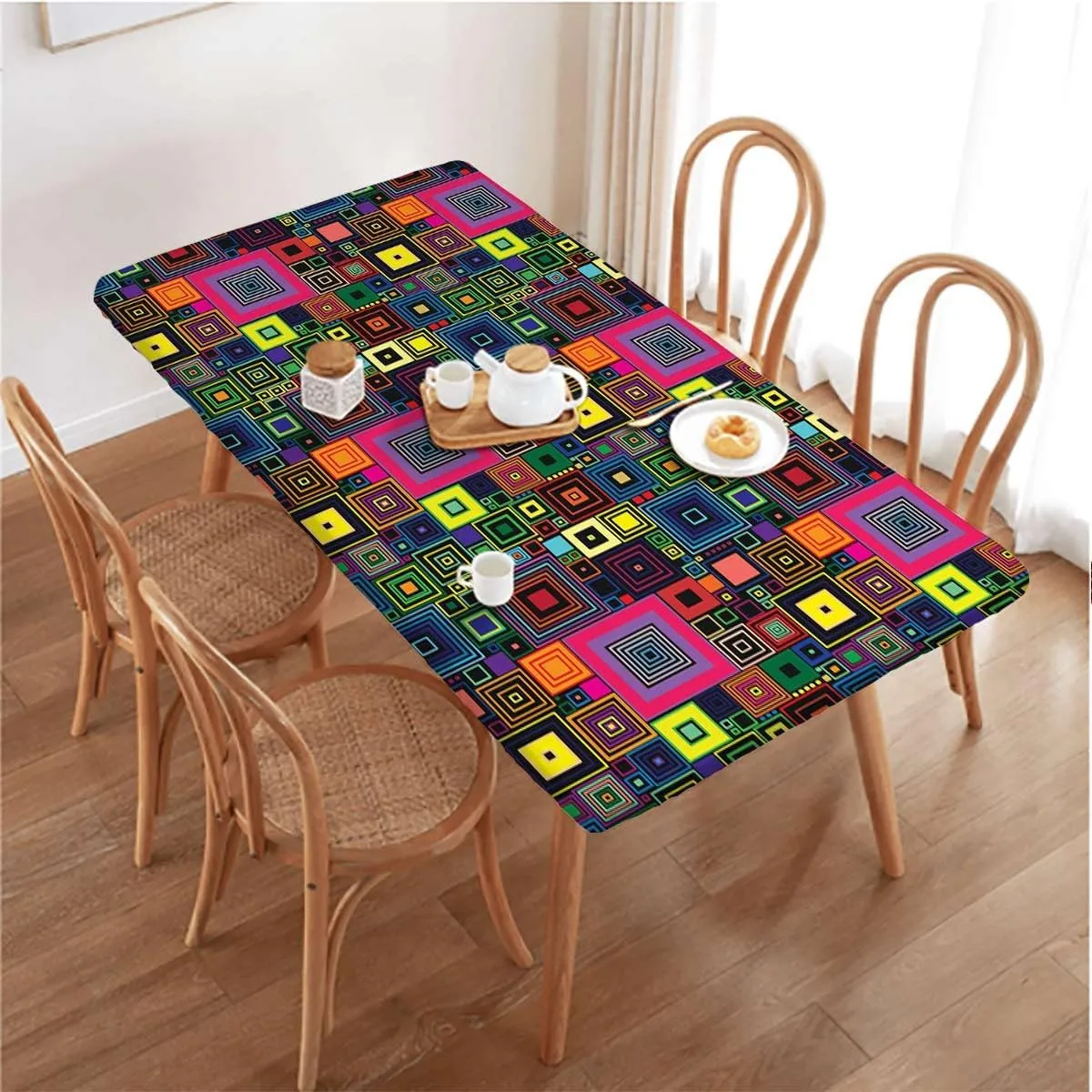 Multicolor Elastic Tablecloth Colorful Square Shaped Geometric Rectangle Table Cover for Outdoor Picnic Camping Parties Abstract Fits up 5 Foot Tables