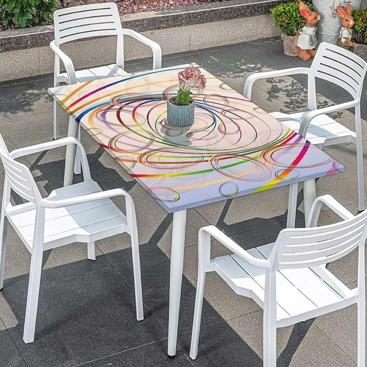 Multicolor Elastic Tablecloth Smoky Wavy Floral with Rainbow Rectangle Table Cover for Outdoor Picnic Camping Parties Abstract Fits up 4 Foot Tables