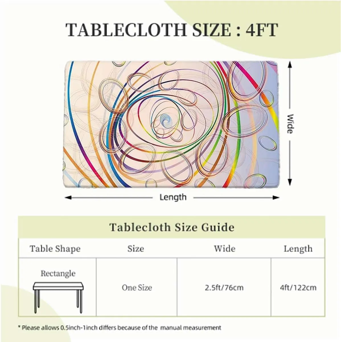 Multicolor Elastic Tablecloth Smoky Wavy Floral with Rainbow Rectangle Table Cover for Outdoor Picnic Camping Parties Abstract Fits up 4 Foot Tables
