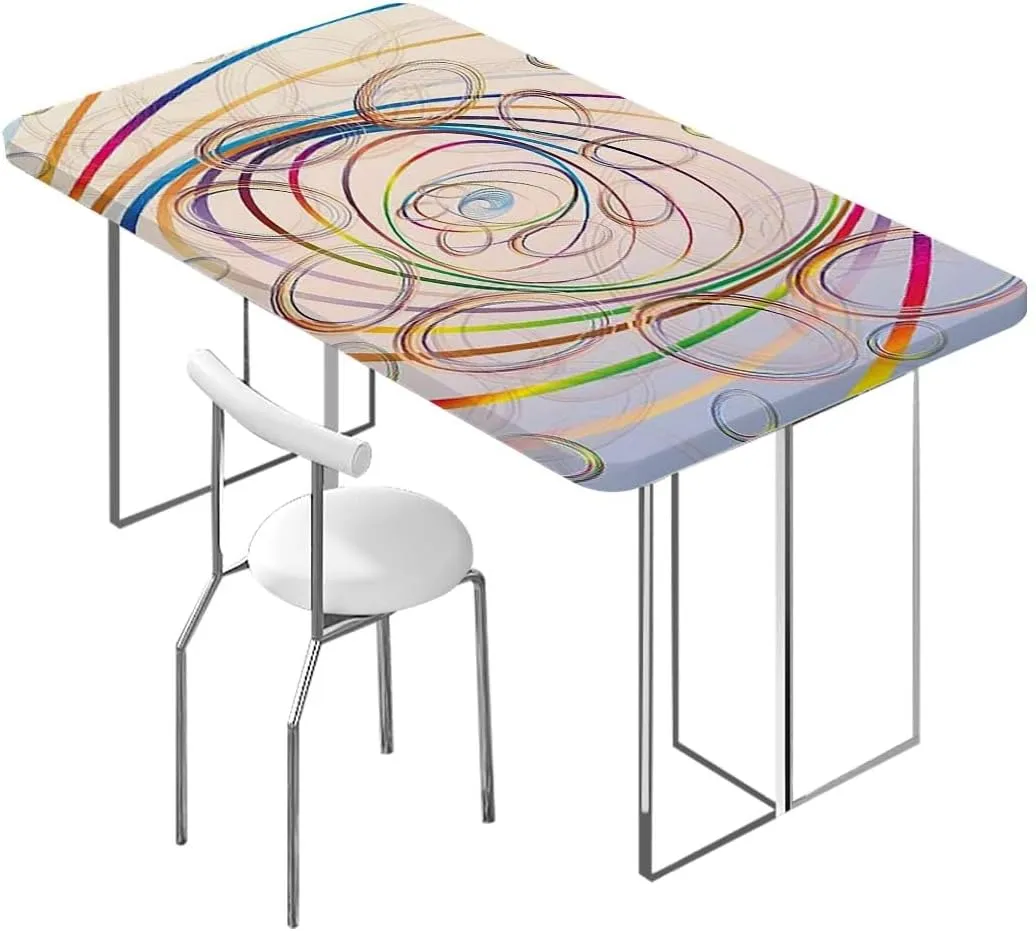 Multicolor Elastic Tablecloth Smoky Wavy Floral with Rainbow Rectangle Table Cover for Outdoor Picnic Camping Parties Abstract Fits up 4 Foot Tables