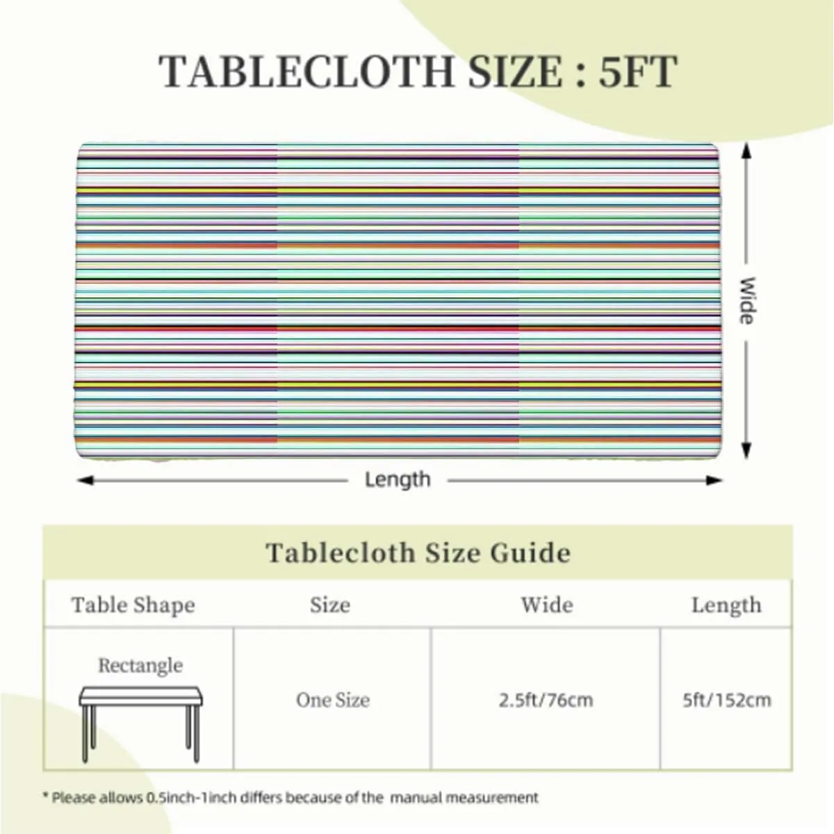 Multicolor Fitted Tablecloth Cover, Colorful Horizontal Stripes and Lines Elastic Oilproof Waterproof Tablecloth Abstract Fits up 5 Foot Tables