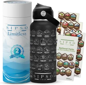 National park water bottle with stickers- Laser-Engraved logos, 32 oz Cool Gifts for Hikers, Featuring Iconic USA National Park Landmarks Outdoor Gift (Black)