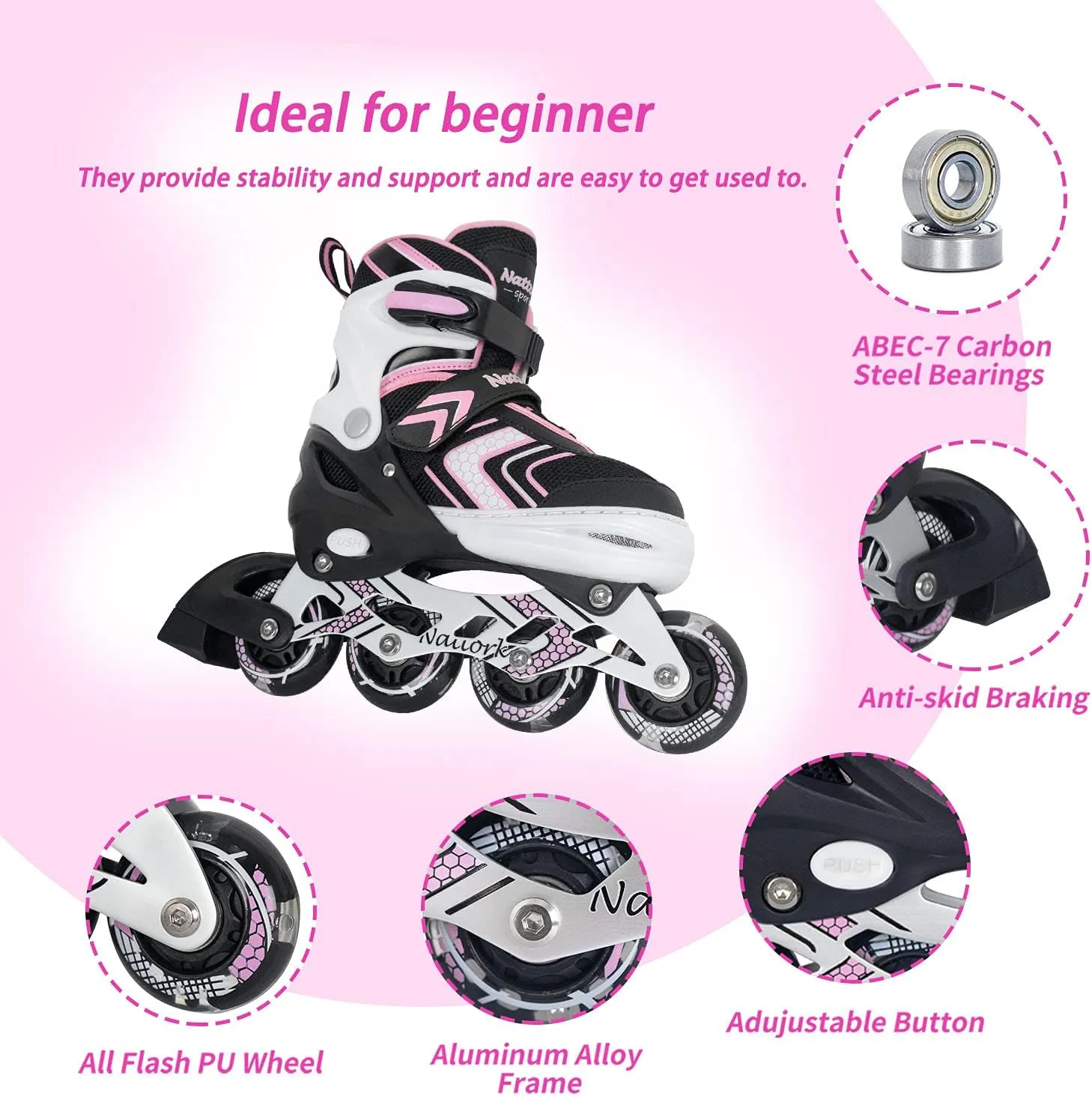 Nattork Inline Skates for Kids Girls Boys with Full Light Up Wheels,Adjustable Safe Durable Inline Skates,Outdoor Roller Skates for Girls Boys Youth Beginners