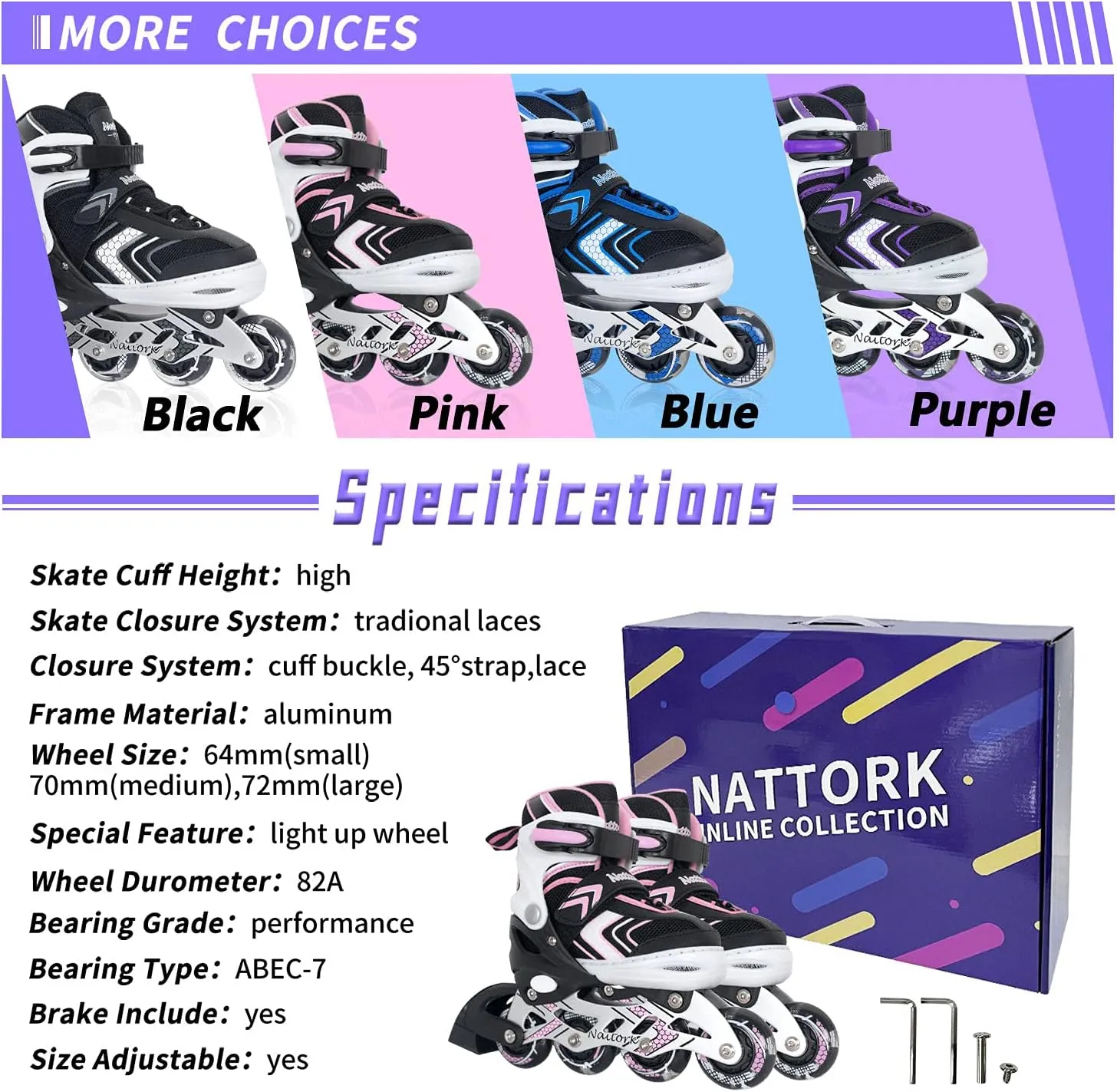 Nattork Inline Skates for Kids Girls Boys with Full Light Up Wheels,Adjustable Safe Durable Inline Skates,Outdoor Roller Skates for Girls Boys Youth Beginners