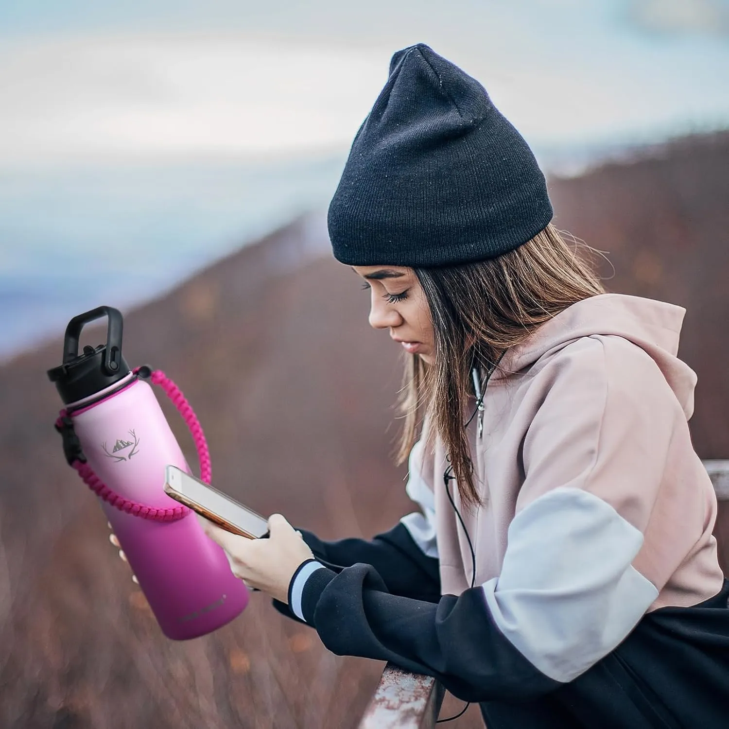 NATURE PIONEOR Insulated Water Bottles with Paracord Handle - 40 oz Vacuum Sports Wide Mouth Water Bottle with 3 Lids, Leak Proof Stainless Steel Keeps Hot and Cold