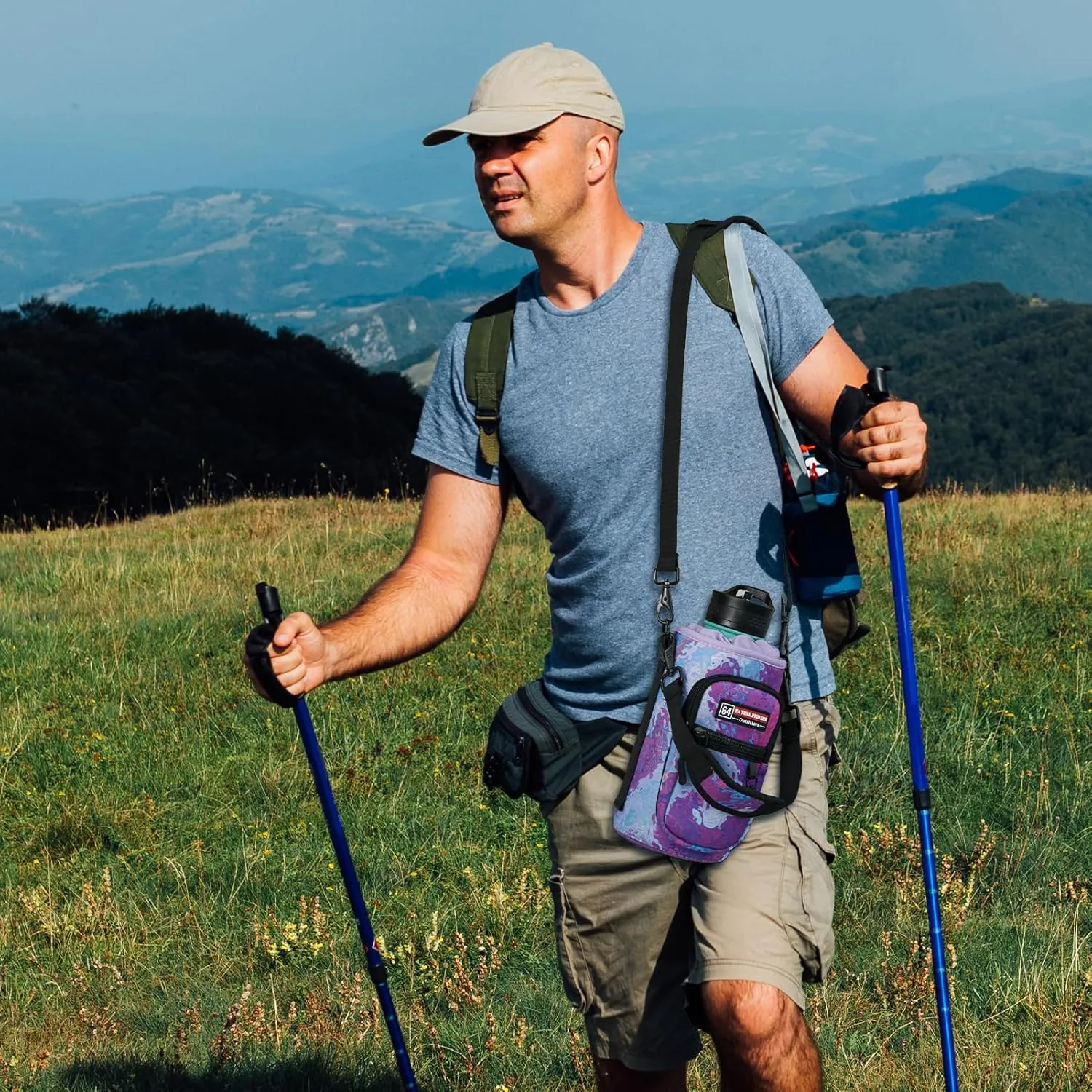NATURE PIONEOR Water Bottle Holder with Strap,Water Bottle Carrier Bag Sling Sleeve with Adjustable Shoulder Strap & Handle and Large Phone Pocket for Walking,Hiking,Travelling for 25oz/32oz/40oz/64oz