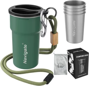 Navigate Stainless Steel Cups 13oz, Stackable Metal Beer Pint Cup Drinking Cups, Stainless Steel Portable Tumbler, Party, Camping, Outdoor Indoor, Green(4 Pack)