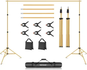 Neewer Backdrop Stand 10ft x 7ft, Adjustable Photo Studio Backdrop Support System for Wedding Parties Background Portrait Photography with 4 Crossbars, 8 Clamps, 2 Black Sandbags and Carrying Bag-GOLD