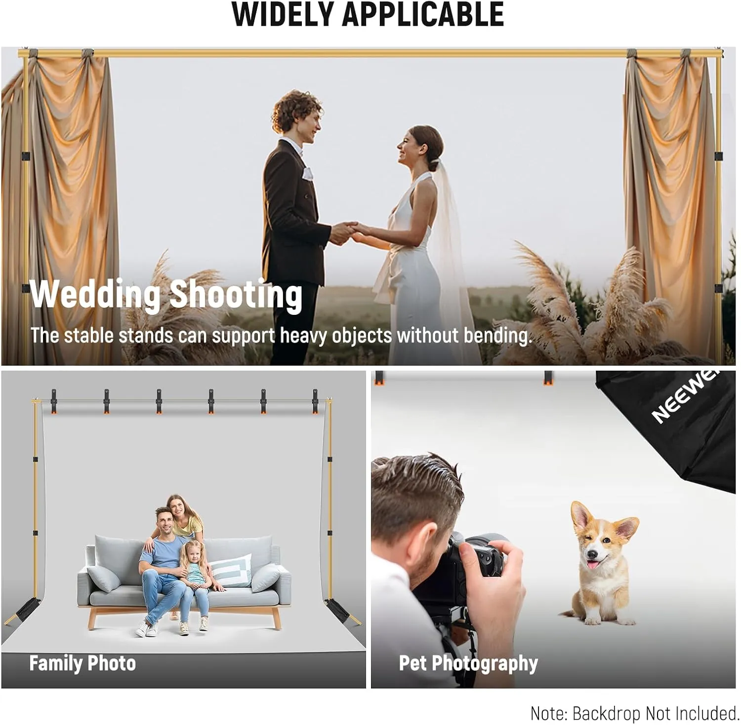 Neewer Backdrop Stand 10ft x 7ft, Adjustable Photo Studio Backdrop Support System for Wedding Parties Background Portrait Photography with 4 Crossbars, 8 Clamps, 2 Black Sandbags and Carrying Bag-GOLD