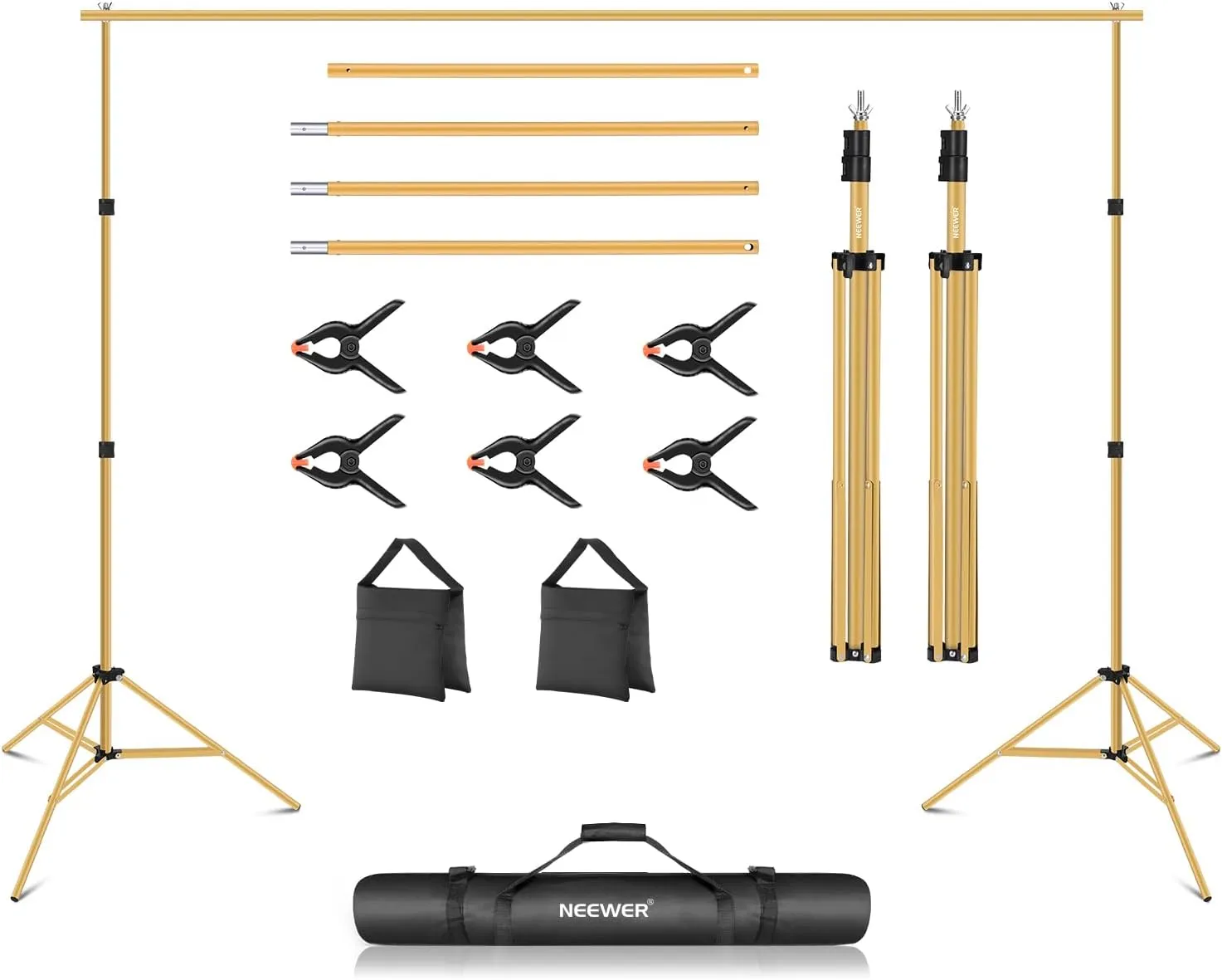 Neewer Backdrop Stand 10ft x 7ft, Adjustable Photo Studio Backdrop Support System for Wedding Parties Background Portrait Photography with 4 Crossbars, 8 Clamps, 2 Black Sandbags and Carrying Bag-GOLD