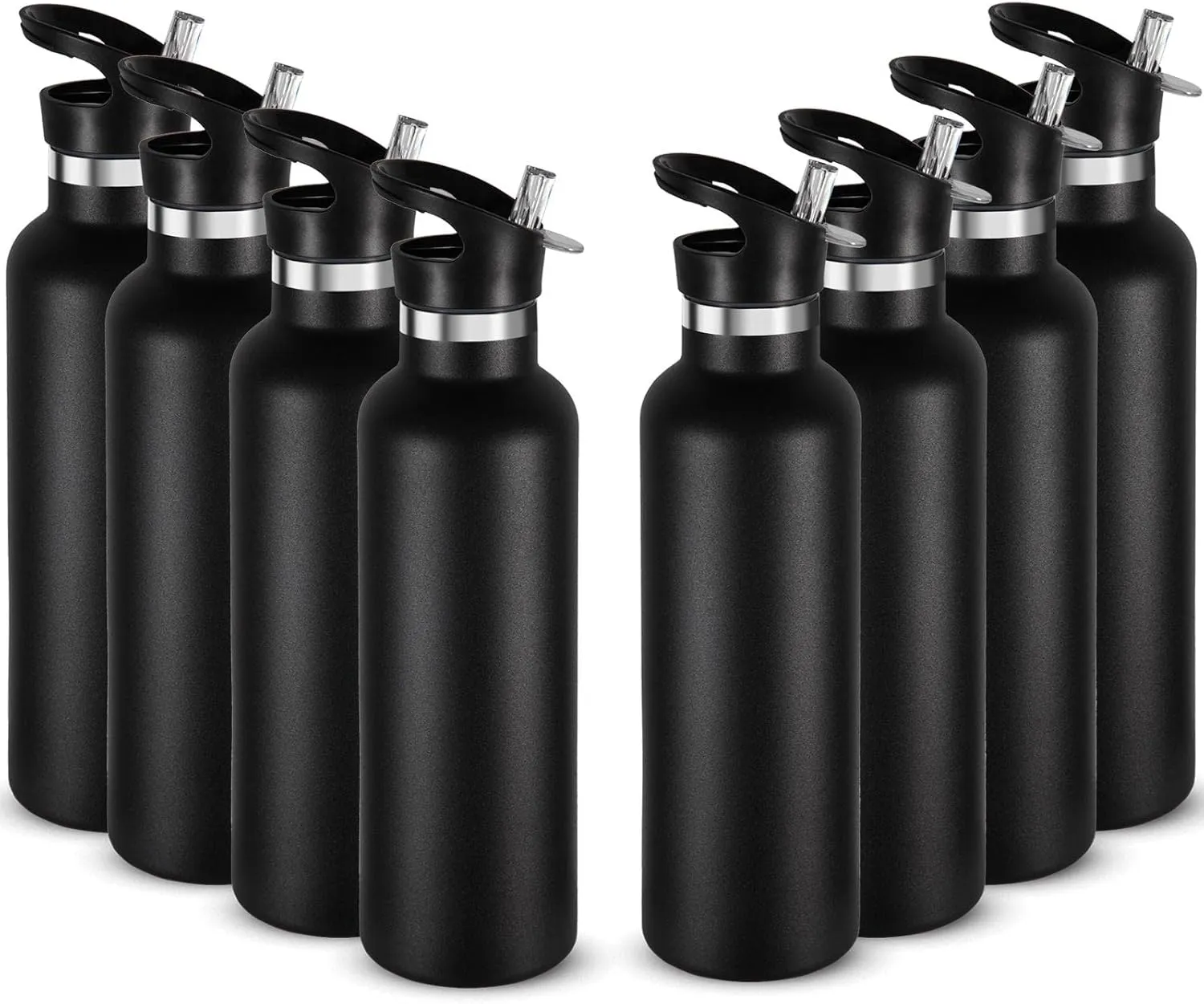 Neihepal 24oz Insulated Water Bottles Bulk 8 Pack,Stainless Steel Double Wall Sport Bottle with Straw Lid,Metal Cup Reusable Thermoses with Hand Cap for School,Cyclists,Hikers,Gift (Black,8 Count)