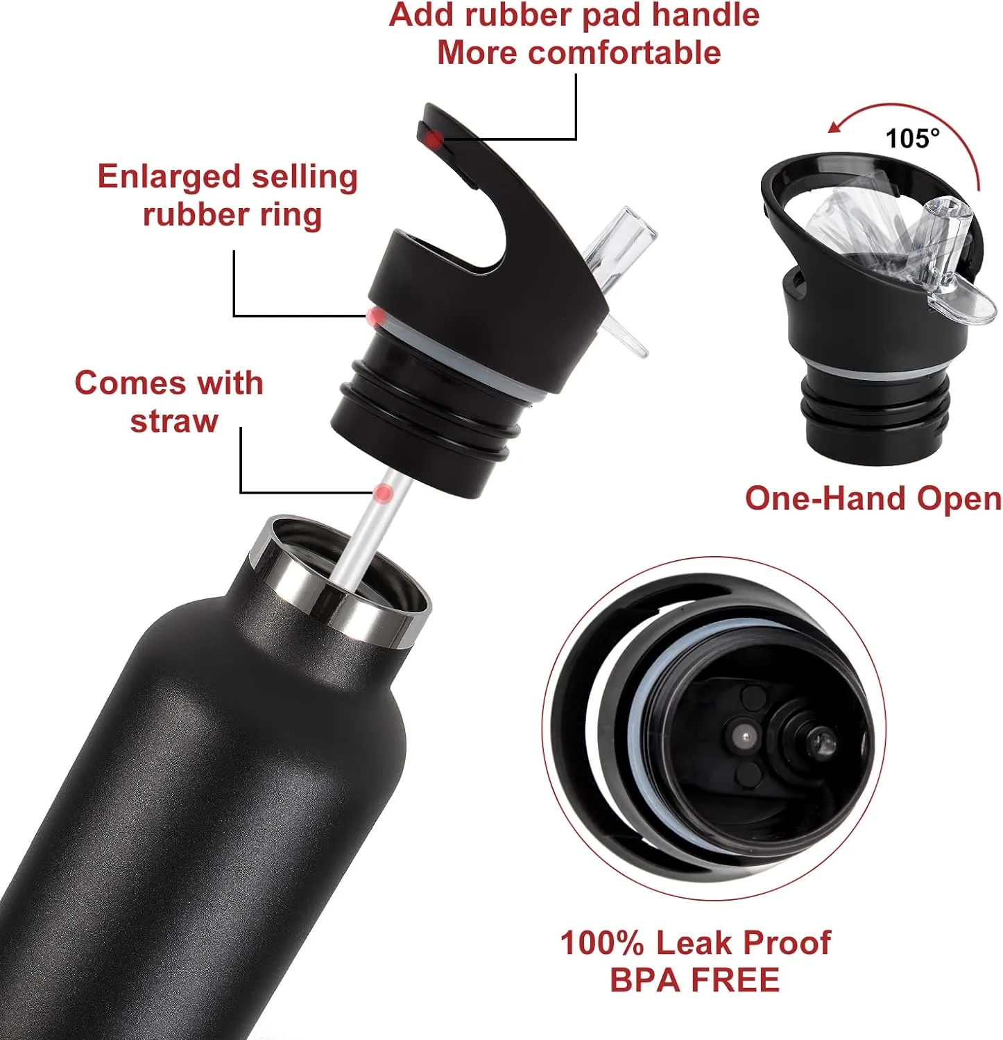 Neihepal 24oz Insulated Water Bottles Bulk 8 Pack,Stainless Steel Double Wall Sport Bottle with Straw Lid,Metal Cup Reusable Thermoses with Hand Cap for School,Cyclists,Hikers,Gift (Black,8 Count)