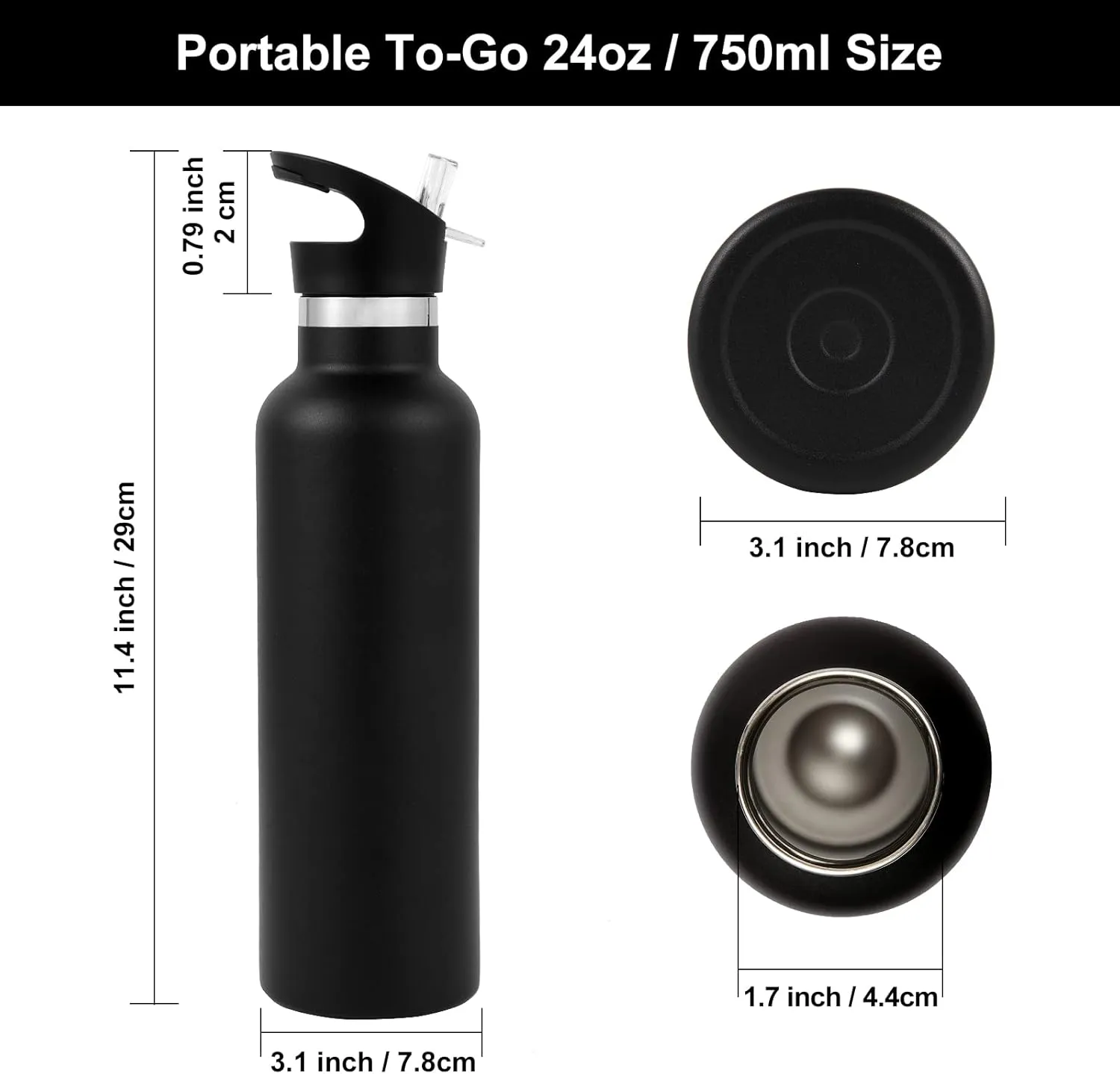 Neihepal 24oz Insulated Water Bottles Bulk 8 Pack,Stainless Steel Double Wall Sport Bottle with Straw Lid,Metal Cup Reusable Thermoses with Hand Cap for School,Cyclists,Hikers,Gift (Black,8 Count)