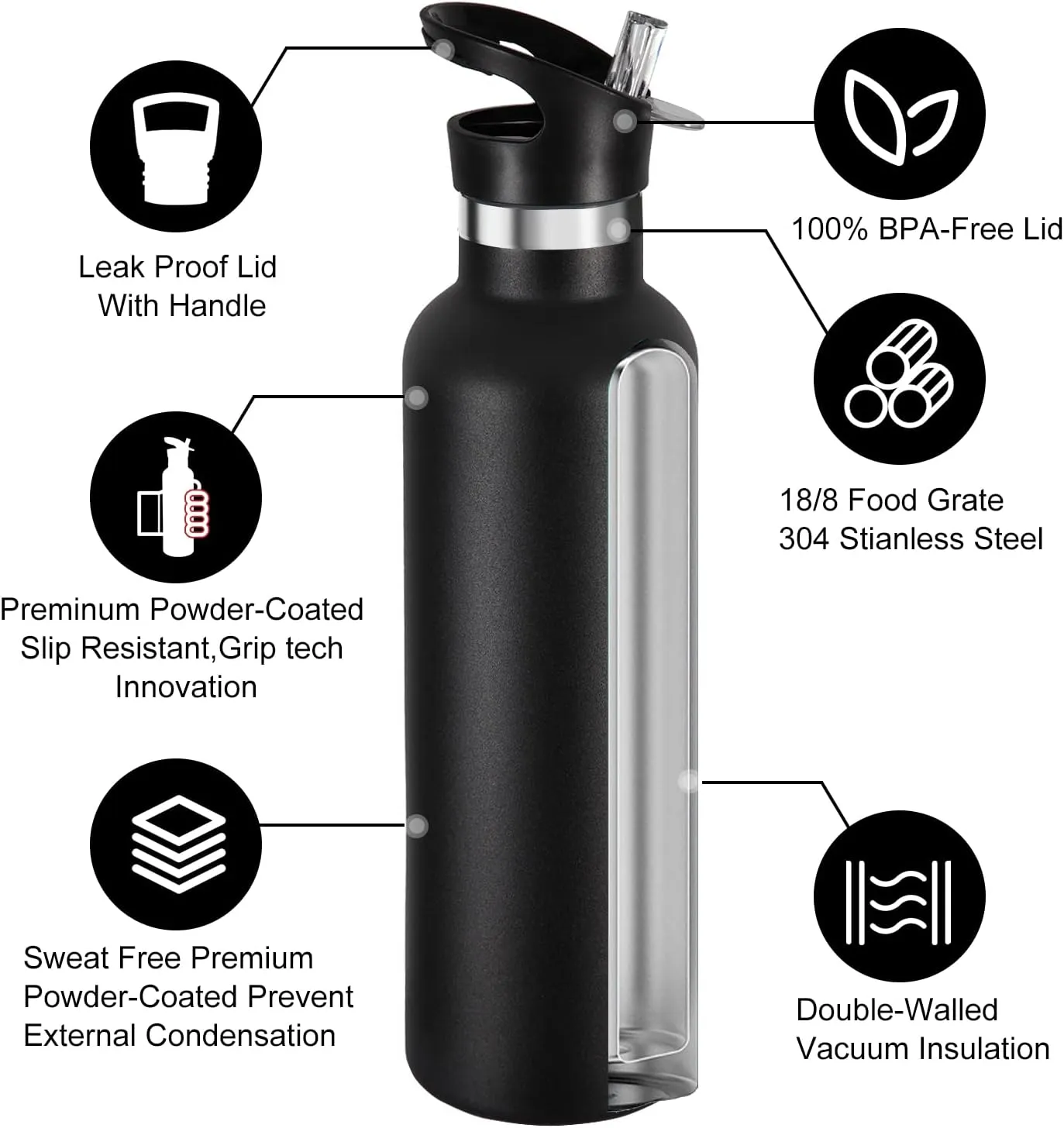 Neihepal 24oz Insulated Water Bottles Bulk 8 Pack,Stainless Steel Double Wall Sport Bottle with Straw Lid,Metal Cup Reusable Thermoses with Hand Cap for School,Cyclists,Hikers,Gift (Black,8 Count)