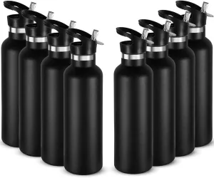 Neihepal 24oz Insulated Water Bottles Bulk 8 Pack,Stainless Steel Double Wall Sport Bottle with Straw Lid,Metal Cup Reusable Thermoses with Hand Cap for School,Cyclists,Hikers,Gift (Black,8 Count)